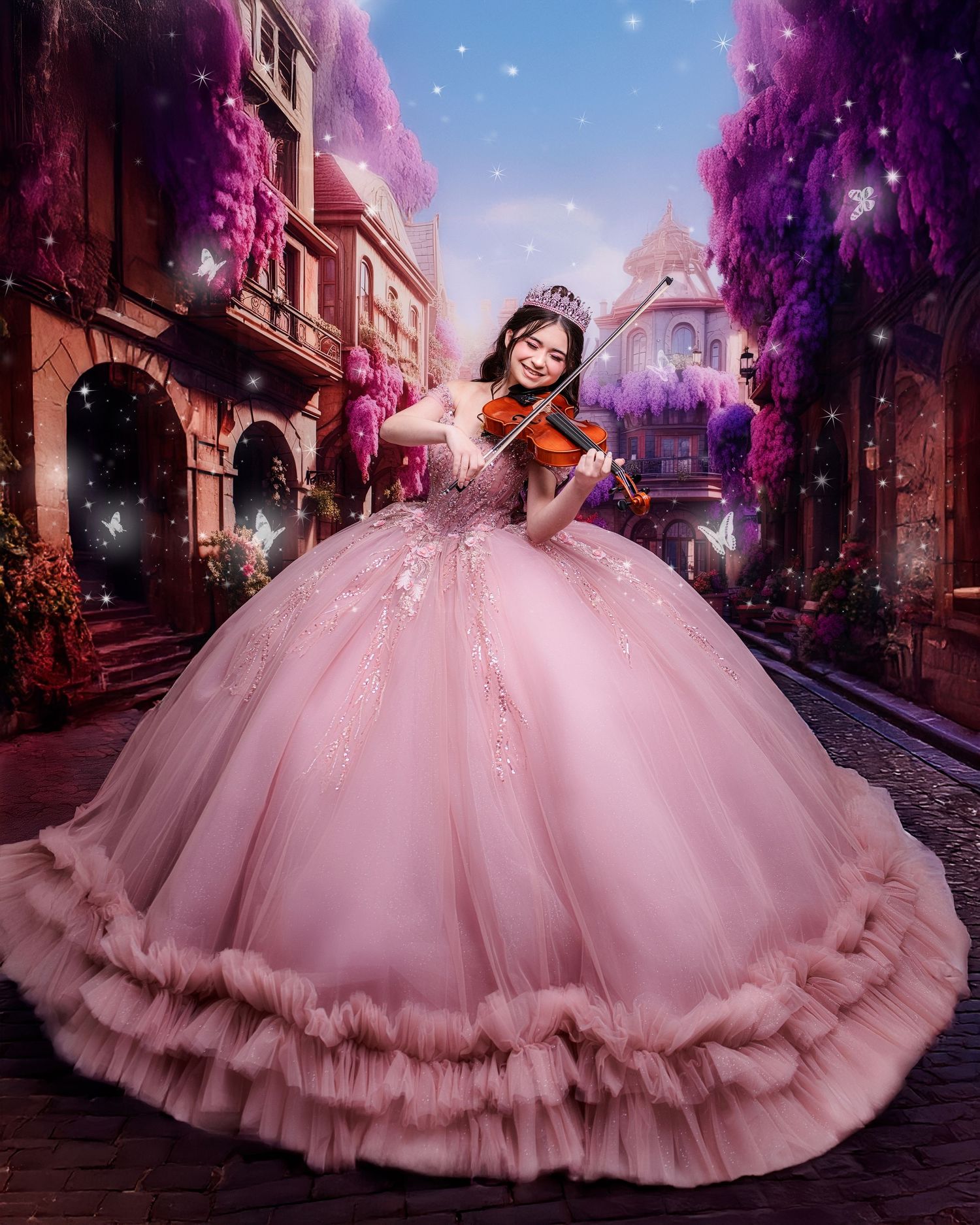 Young woman in pink ball gown playing violin, wearing tiara, in a magical purple floral street setting.