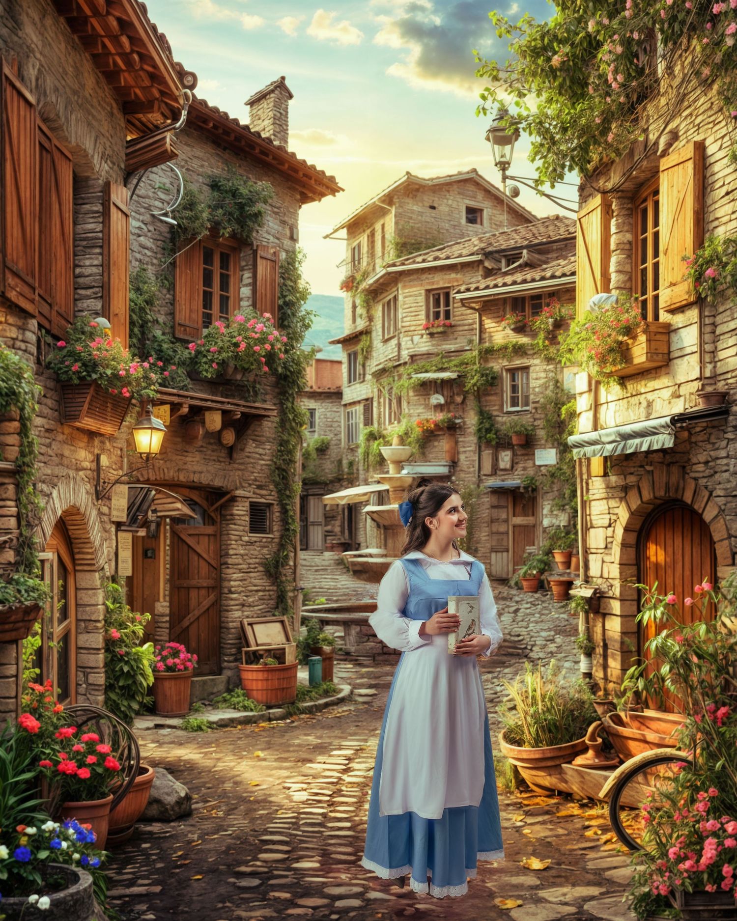 A young woman in a blue dress holds a book in a charming European village cobblestone street with flowers. Belle inspired Sweet 16 session
