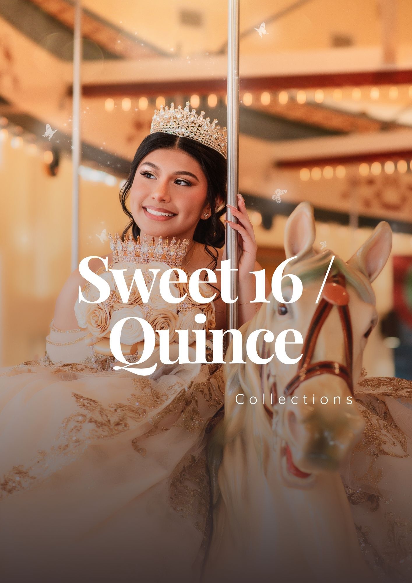 A young woman in a gold gown and tiara poses on a carousel horse for a Sweet 16 and Quince collections photo.