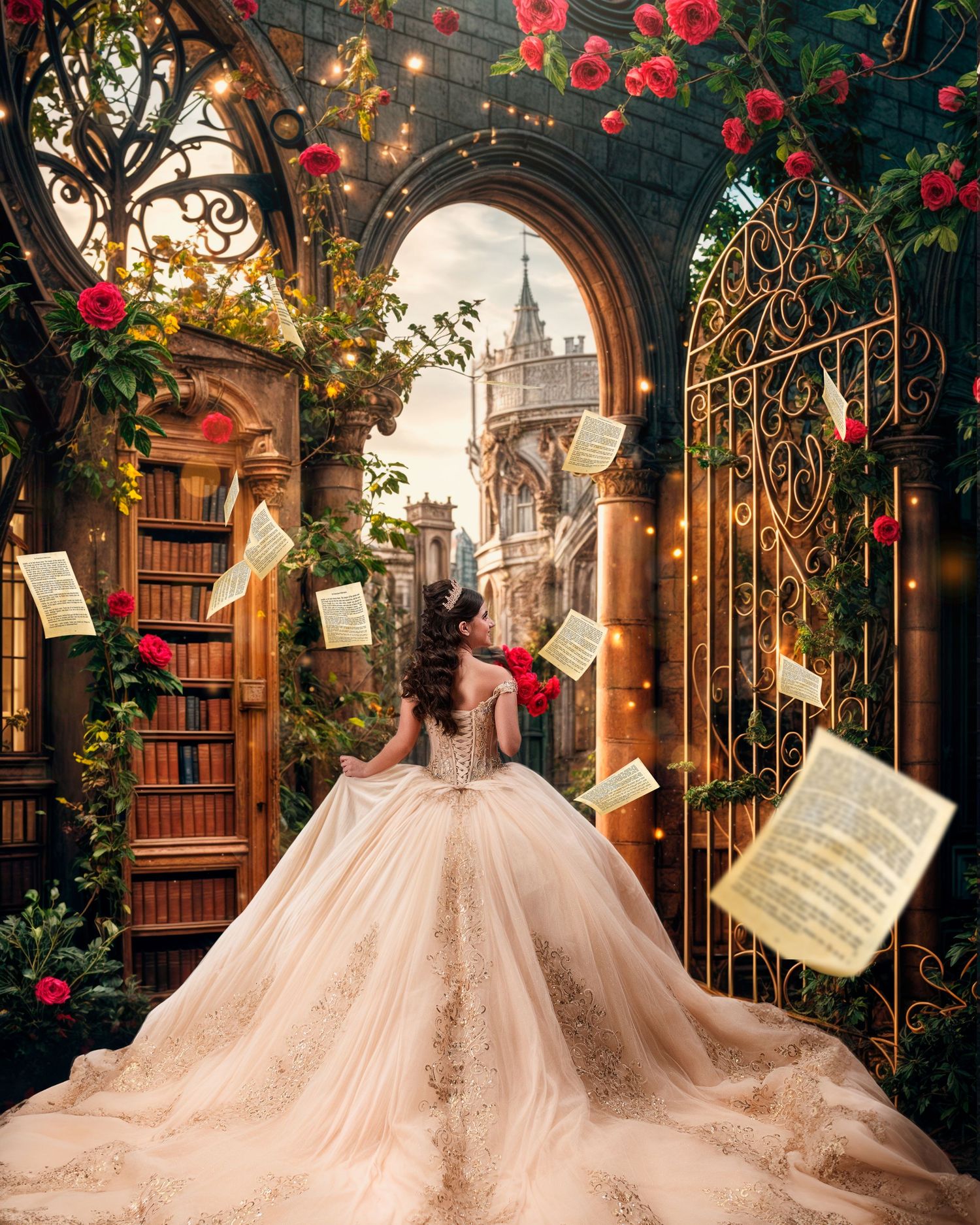 Girl in a golden ballgown stands amid flying book pages, roses, and ornate gates in a magical library setting. Beauty and the Beast inspired