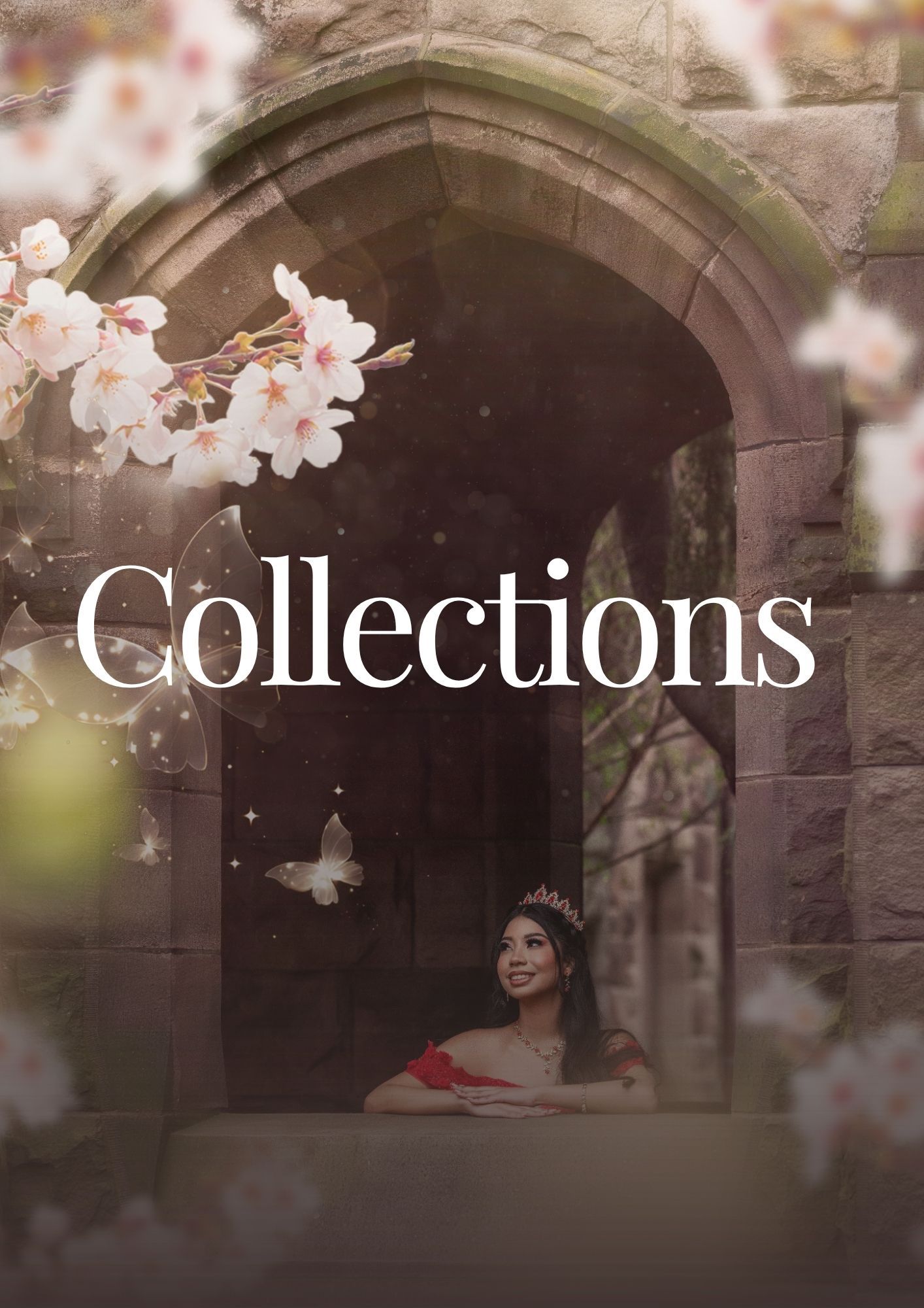 A young woman wearing a tiara and red dress stands in a stone archway surrounded by blooming cherry blossoms and butterflies.
