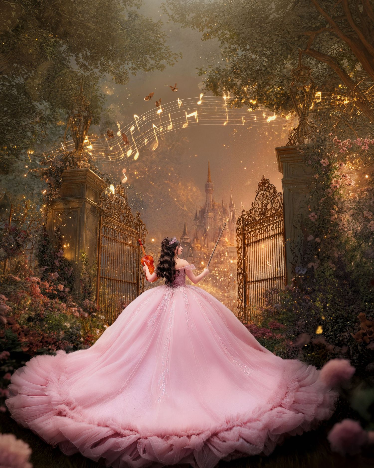 A woman in a pink ballgown stands before golden gates in an enchanted garden with musical notes floating in the air.