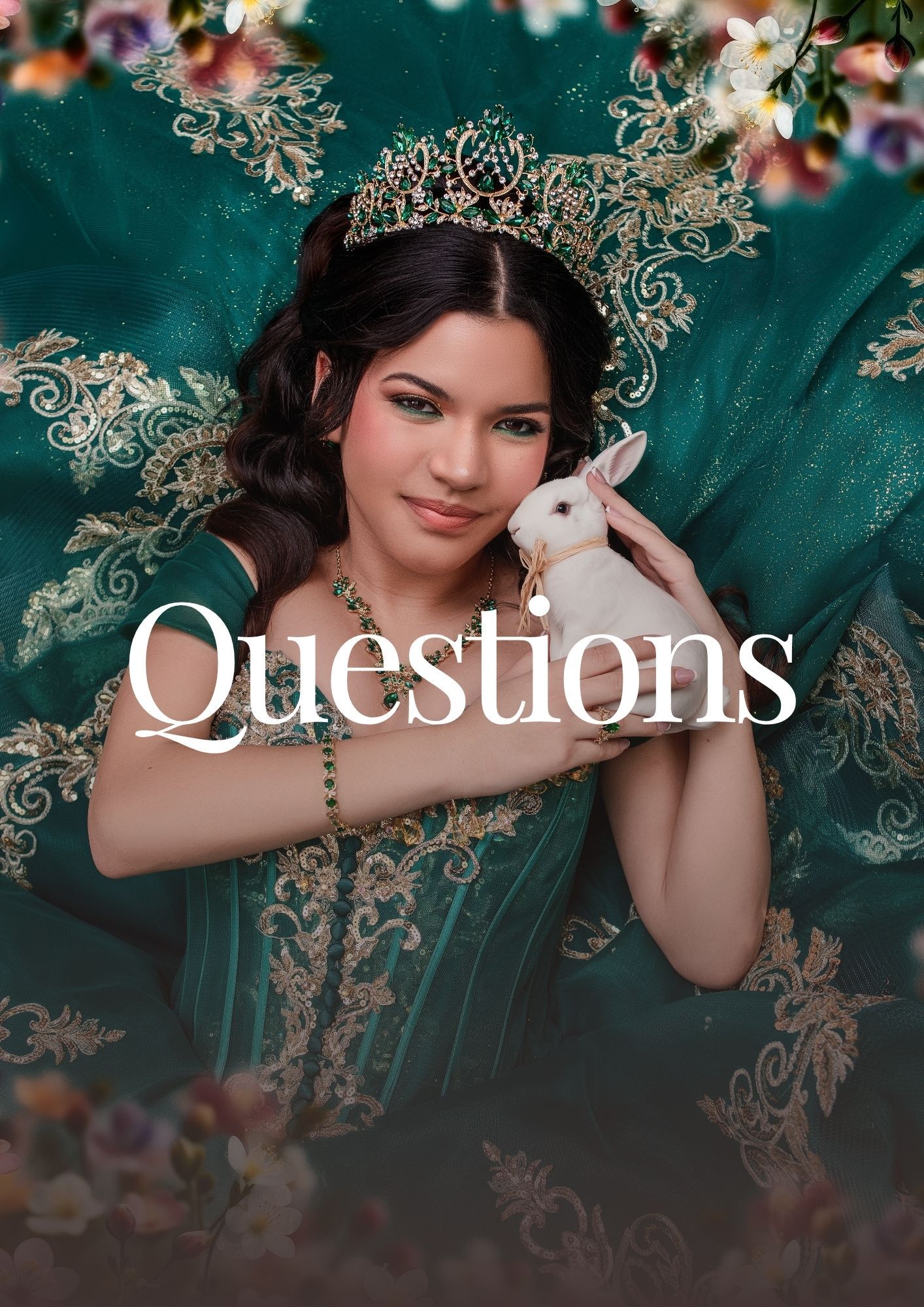 Young woman in green embroidered gown and crown holds white rabbit, text reads Questions, floral background.