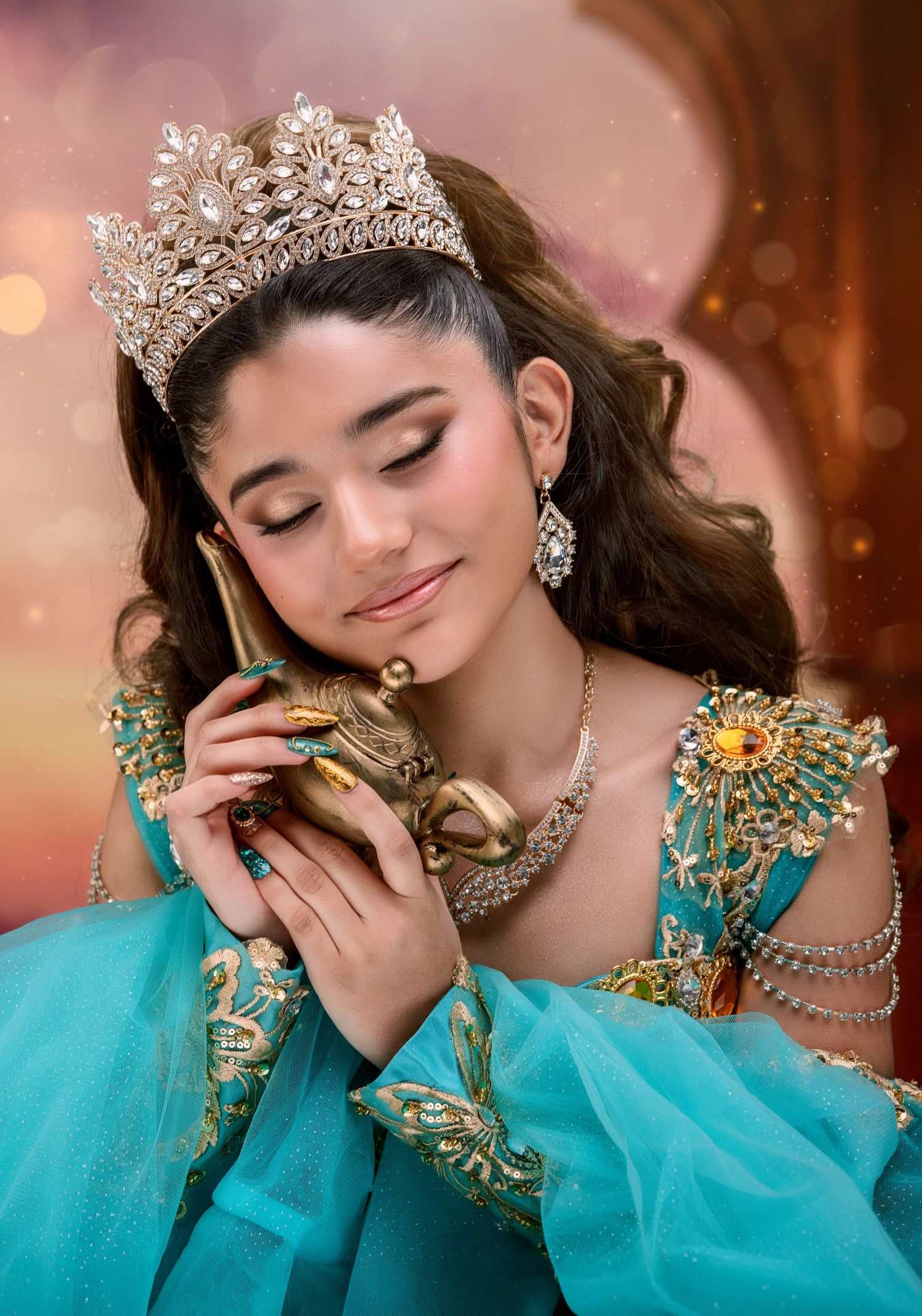 Young girl in turquoise quinceañera gown with gold embroidery, crown. Princess Jasmine inspired Photo Session