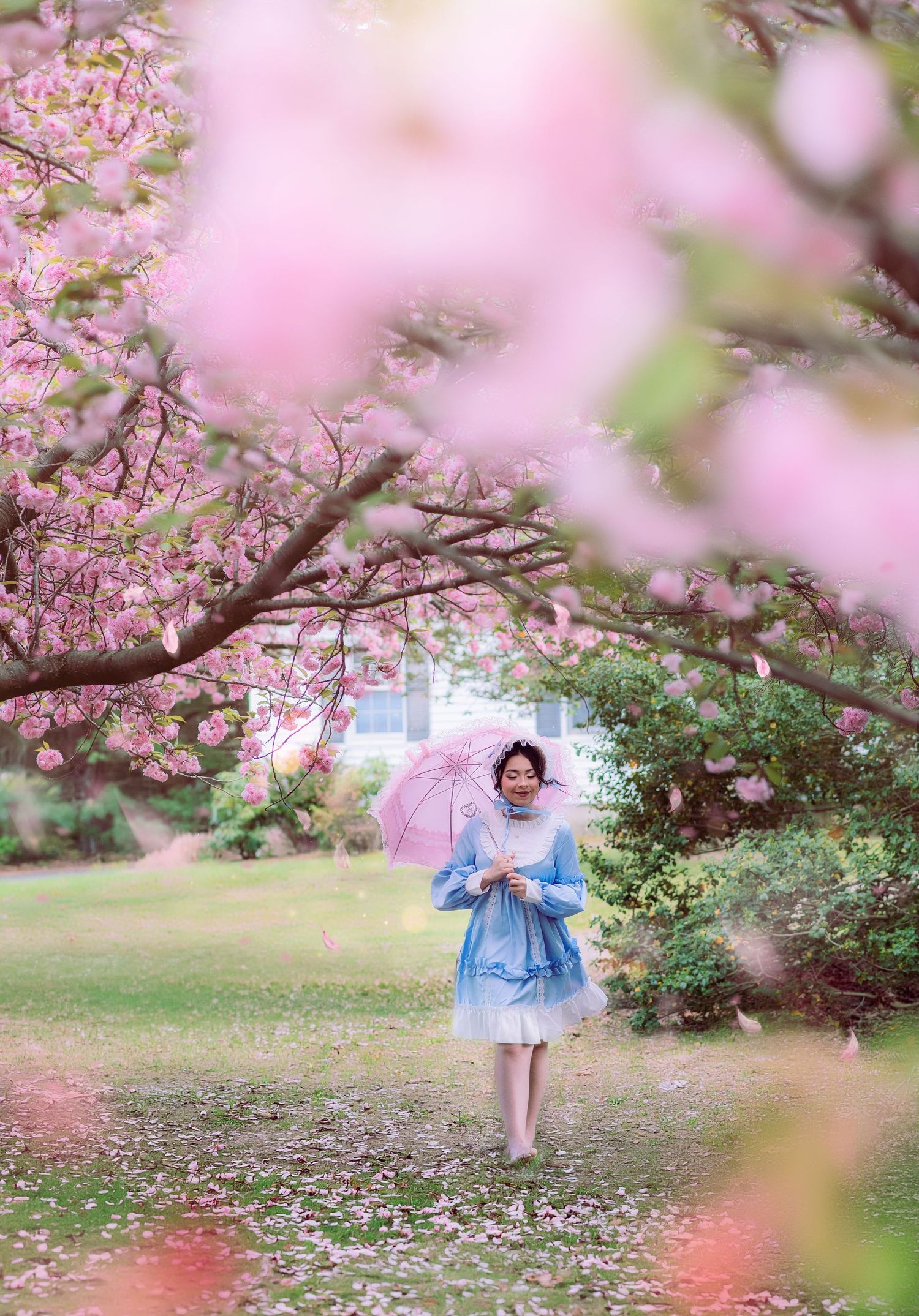 Sweet 16 photo session featuring a girl in blue dress holding pink umbrella walks among blooming cherry blossom trees in a lush garden.