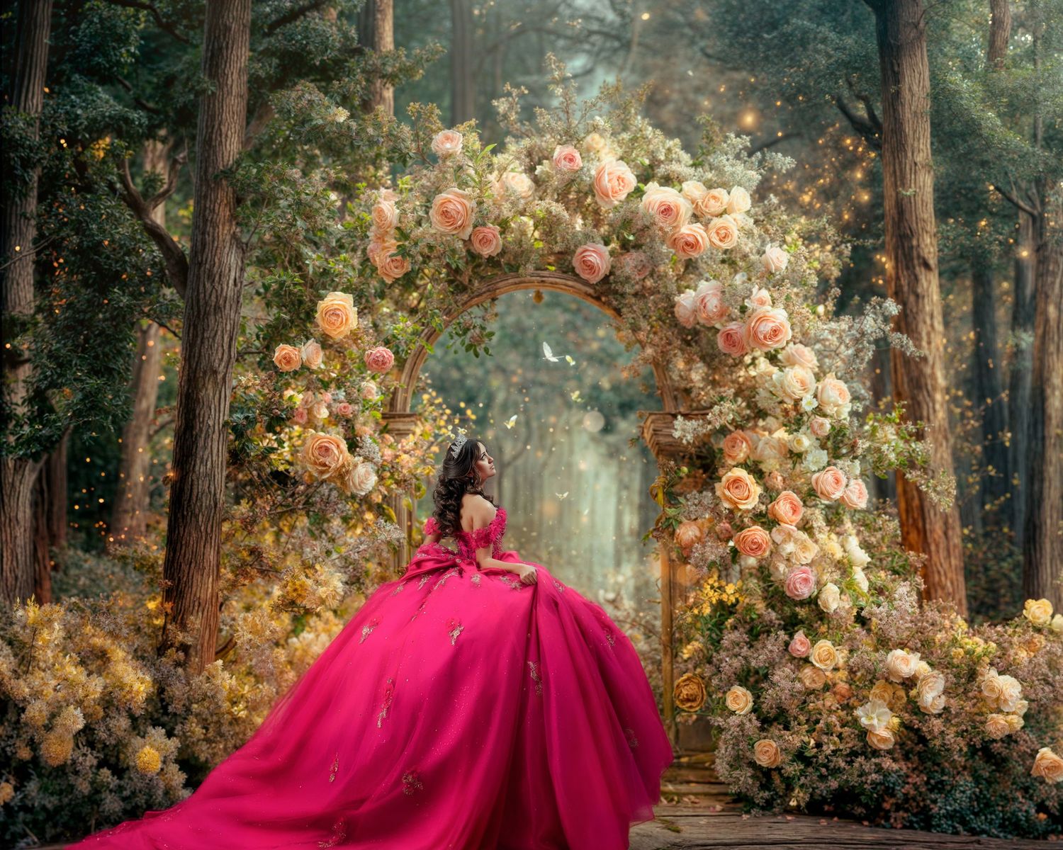 Girl in pink ballgown standing before a floral arch in an enchanted forest. Sweet 16 photography