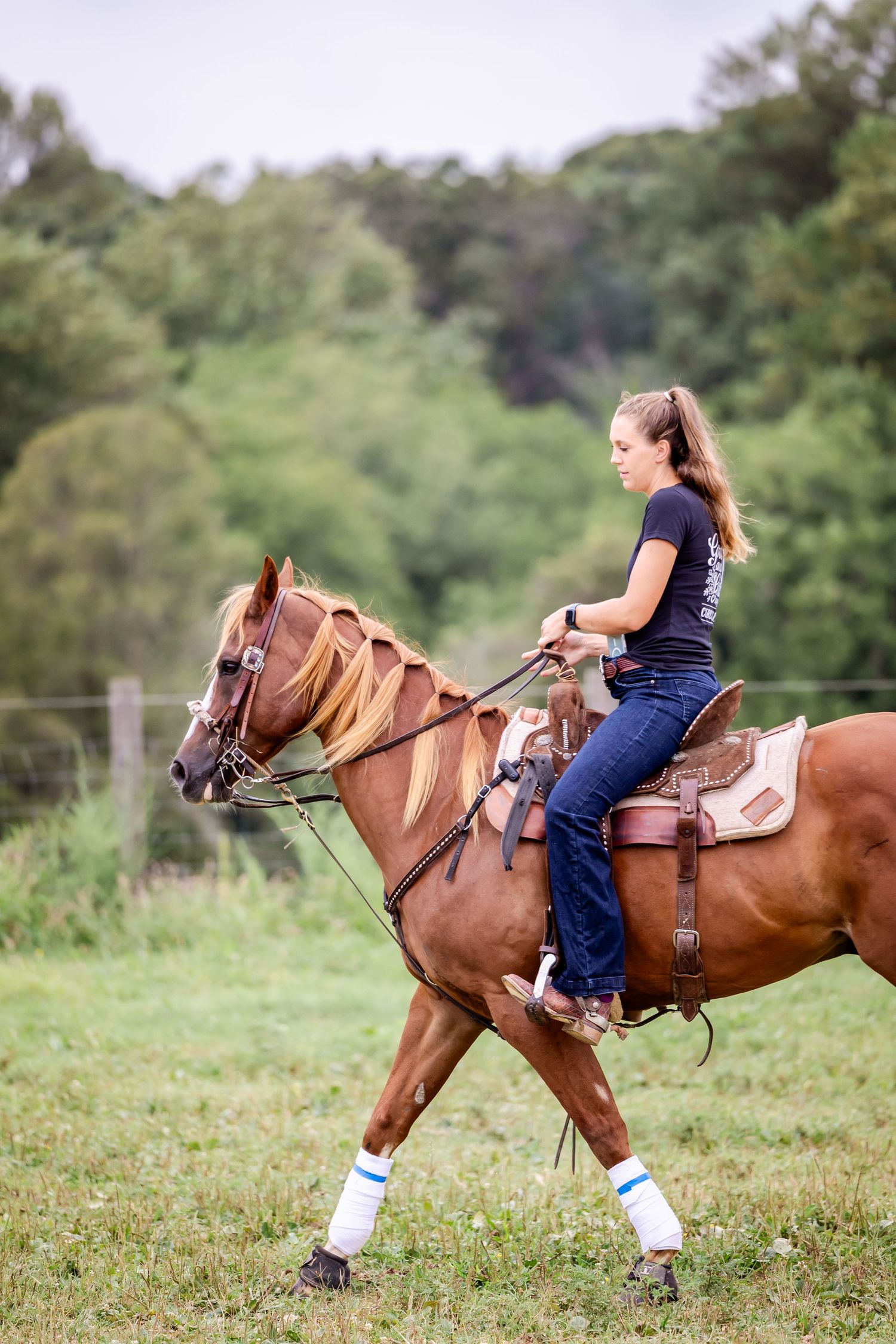 Western rider guiding horse through controlled walk in grassy outdoor arena.