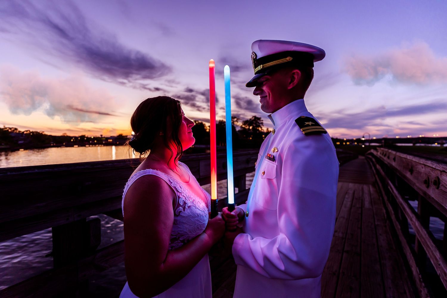 A romantic boat cruise at sunset features elegant dining and purple-tinted skies over the water.