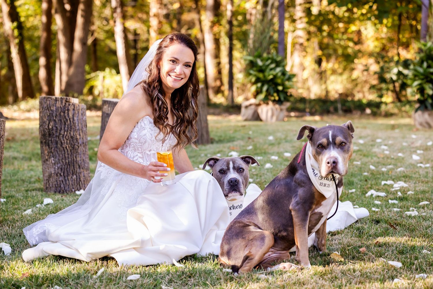 A bride in her wedding dress sits on grass beside a friendly dog during an outdoor photo session.
