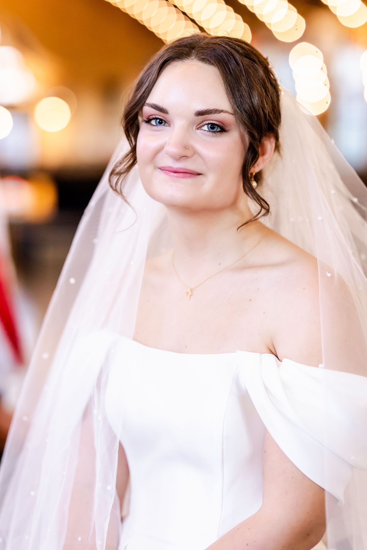 Bride wearing classic white wedding gown and veil in soft romantic lighting.