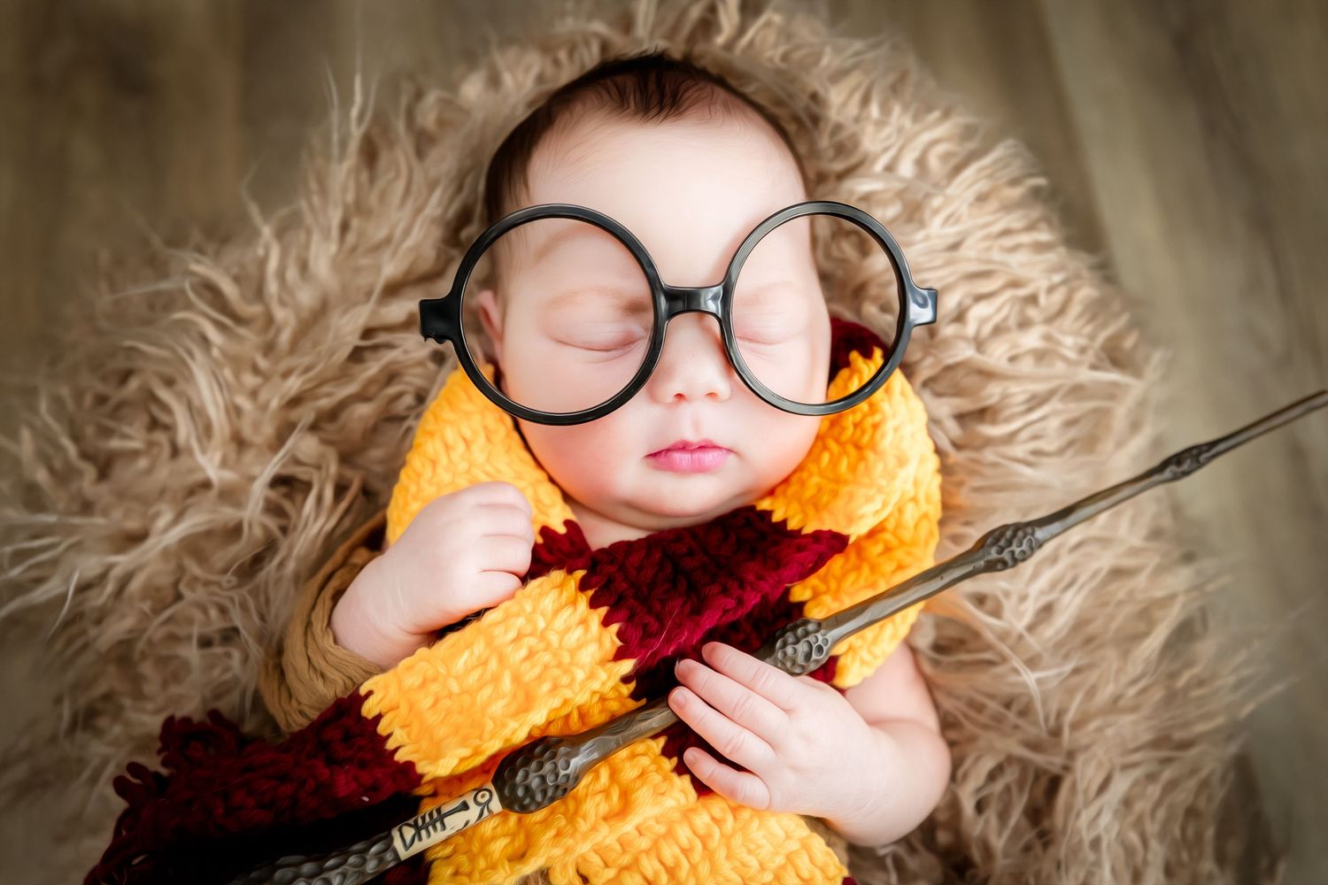 Baby dressed as Harry Potter with wand and scarf lying on fluffy rug.