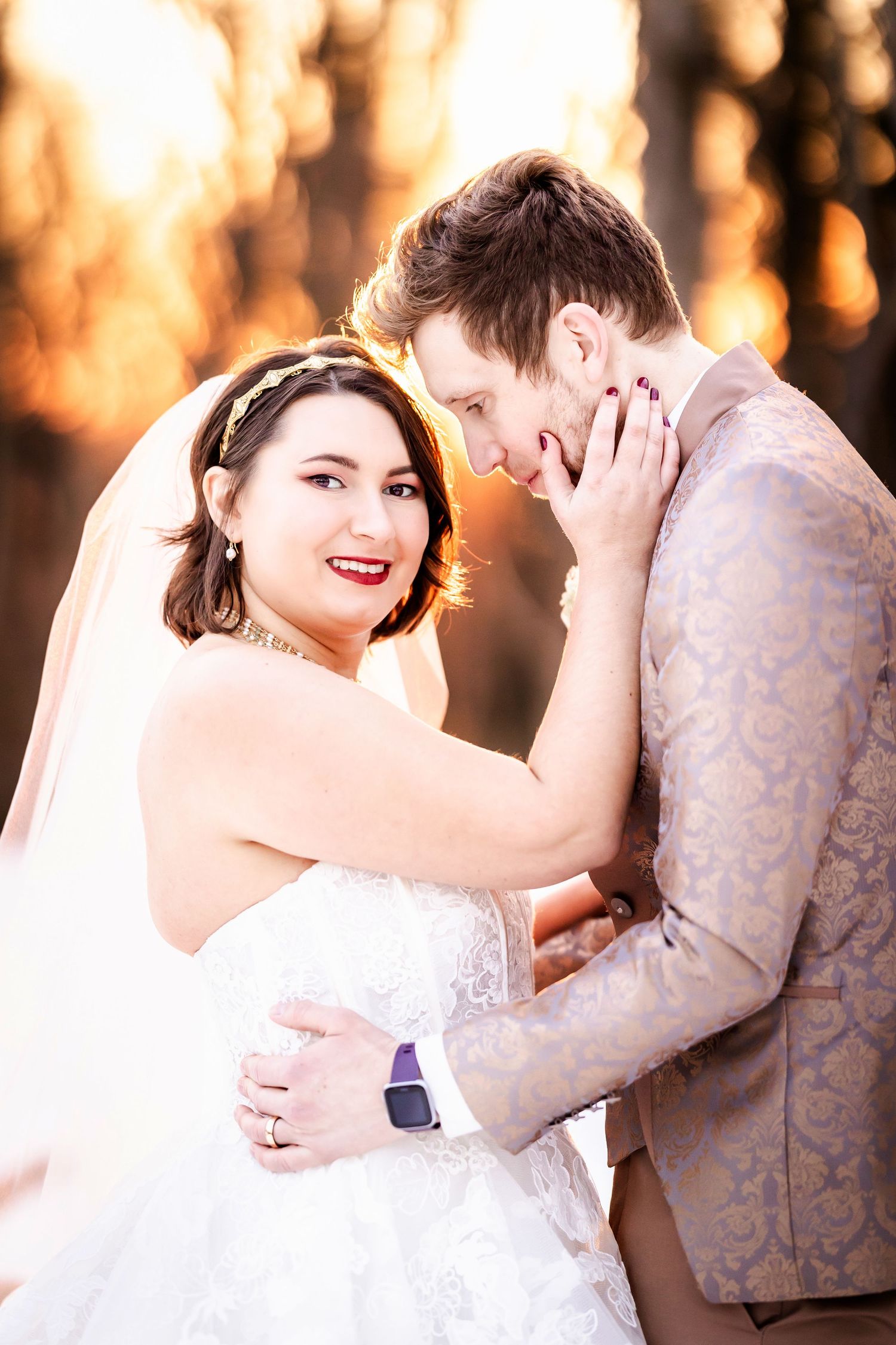 A romantic wedding couple shares tender moments in a series of sunset photos with warm golden lighting.