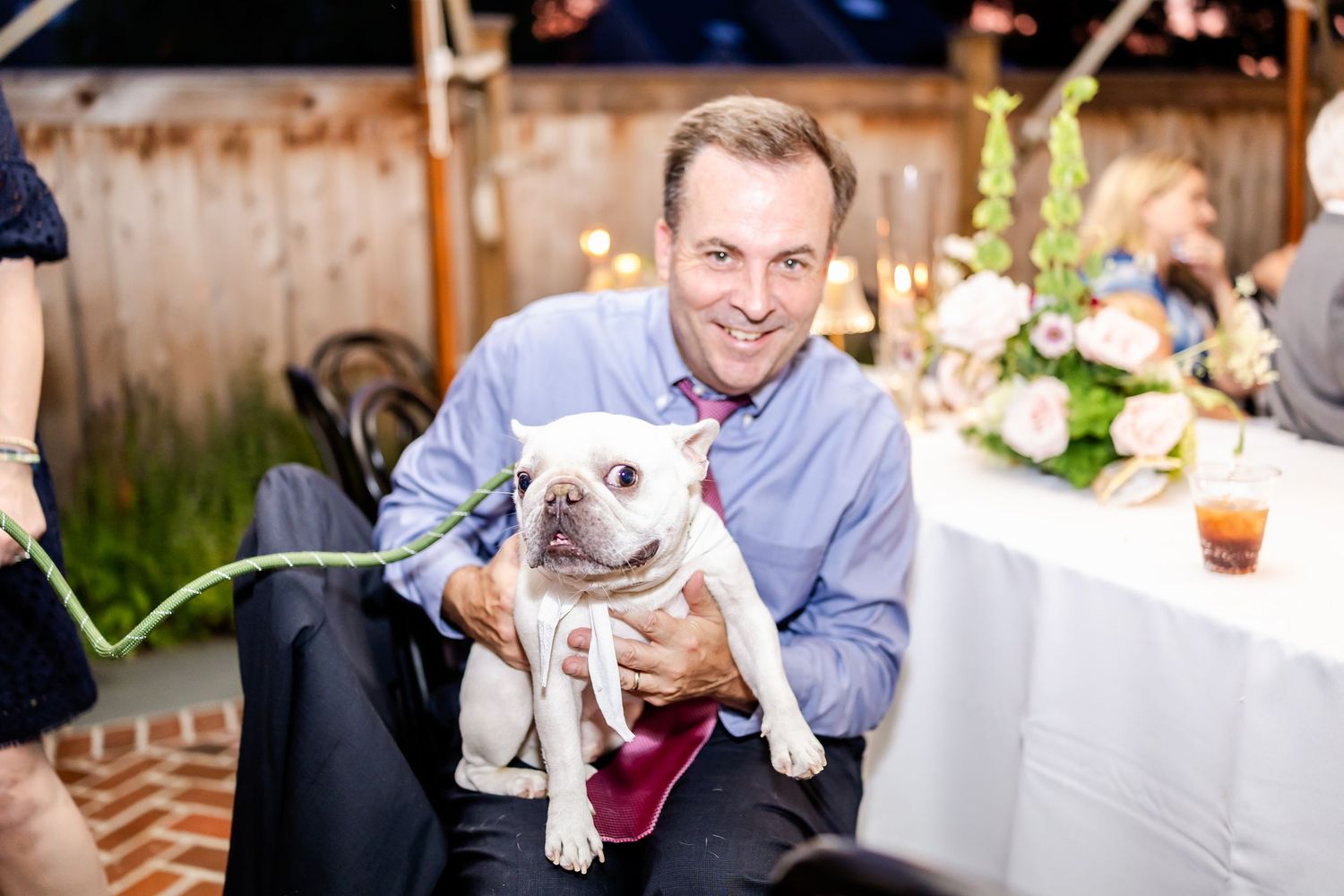 Guest holds small bulldog wearing burgundy bowtie at outdoor wedding reception.