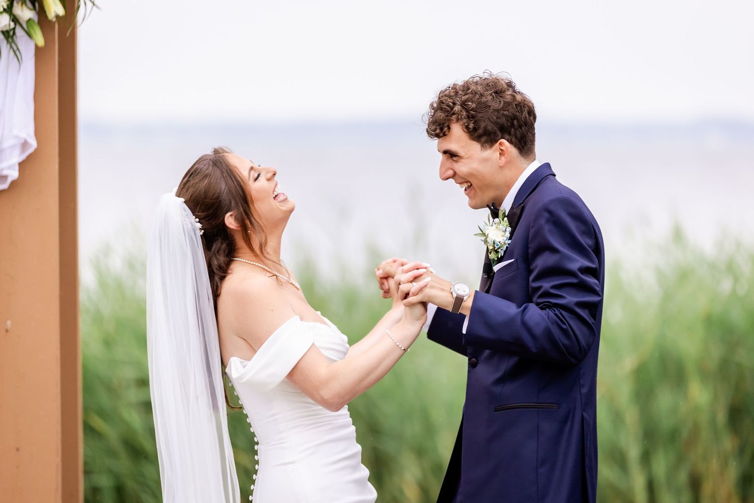 Candid wedding photography sequence capturing playful interactions between the couple.