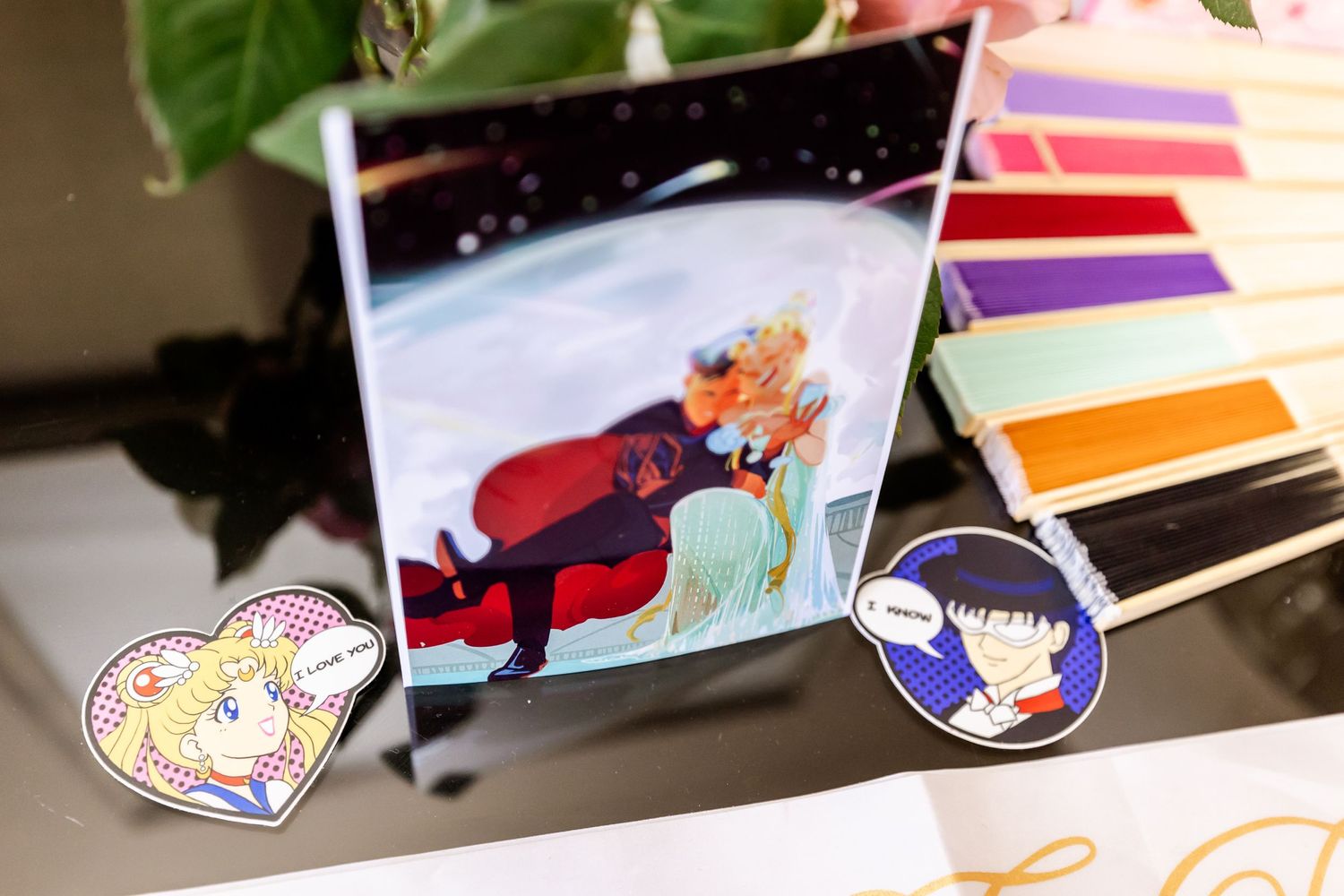 Romantic anime artwork display with character pins and color palette samples.