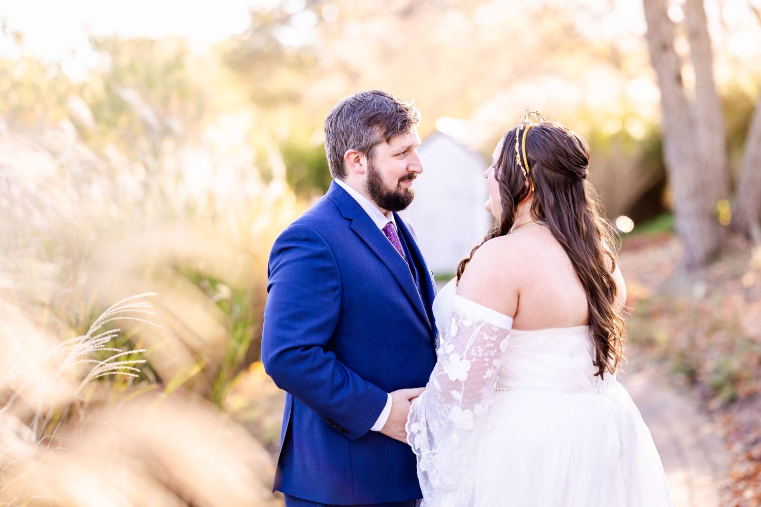 Intimate wedding couple moment captured through golden grass in outdoor setting.