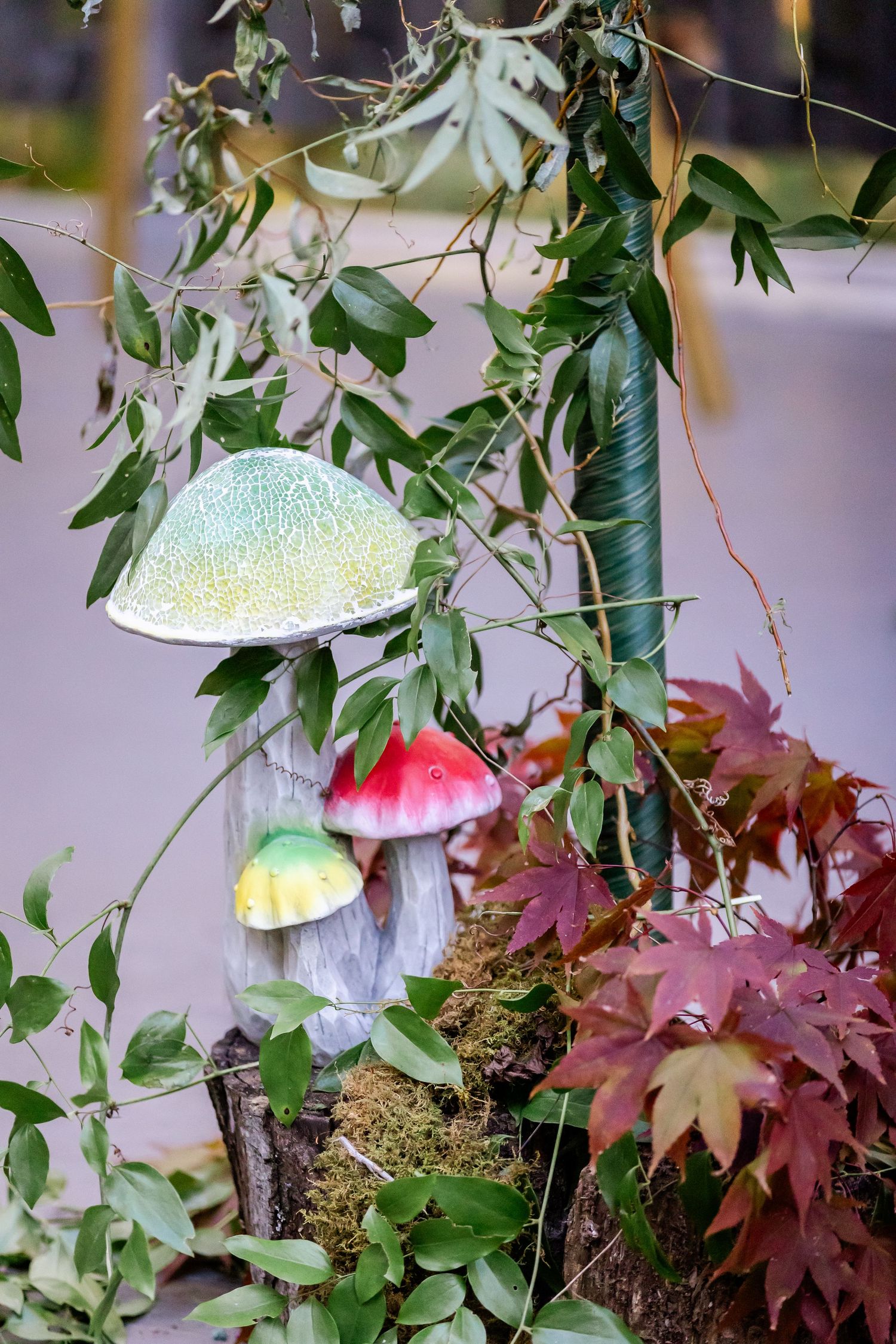 Decorative illuminated mushroom lights and autumn foliage create a whimsical garden display.