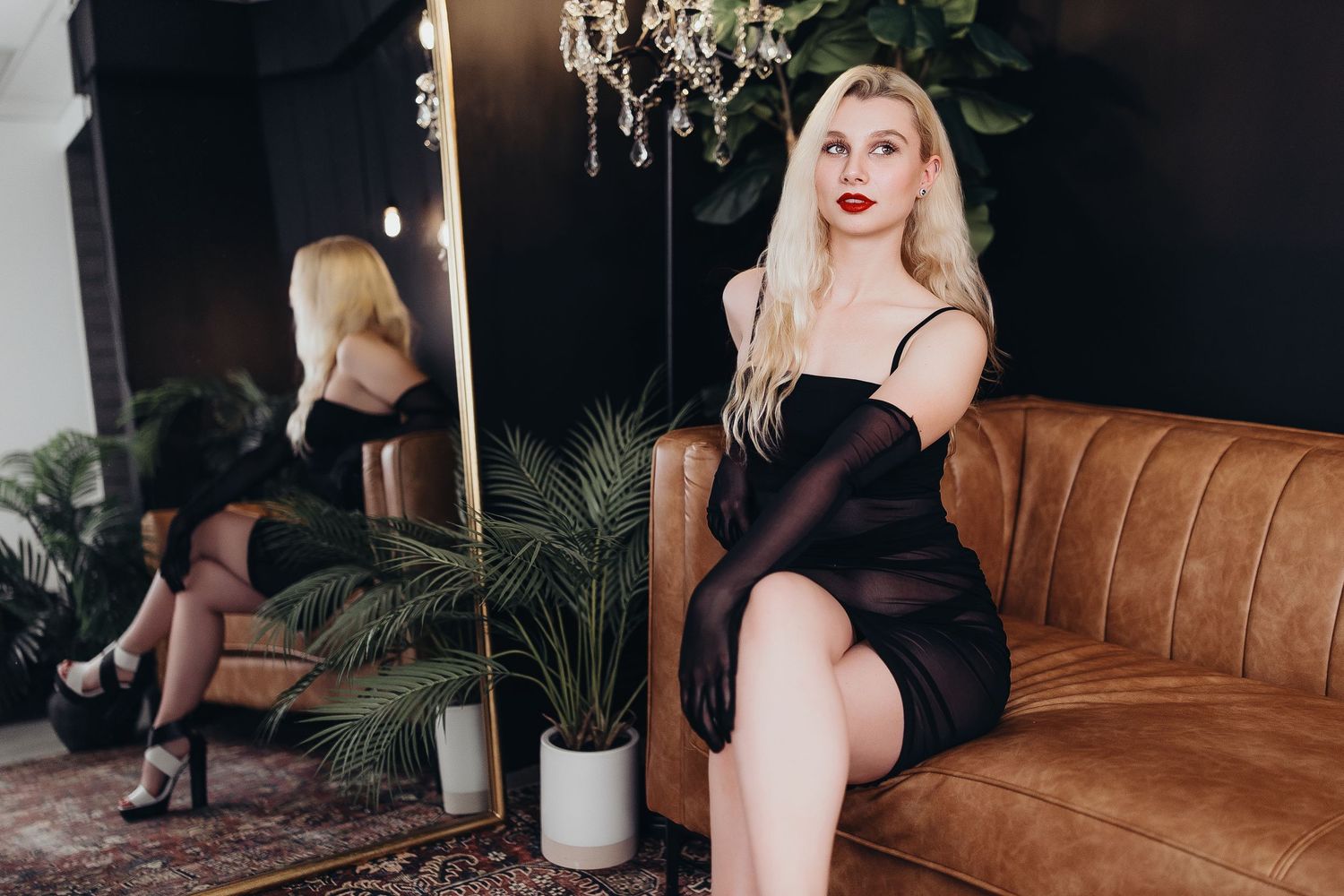 A brown leather couch is shown in a series of connected lifestyle photographs with moody lighting and decor elements.