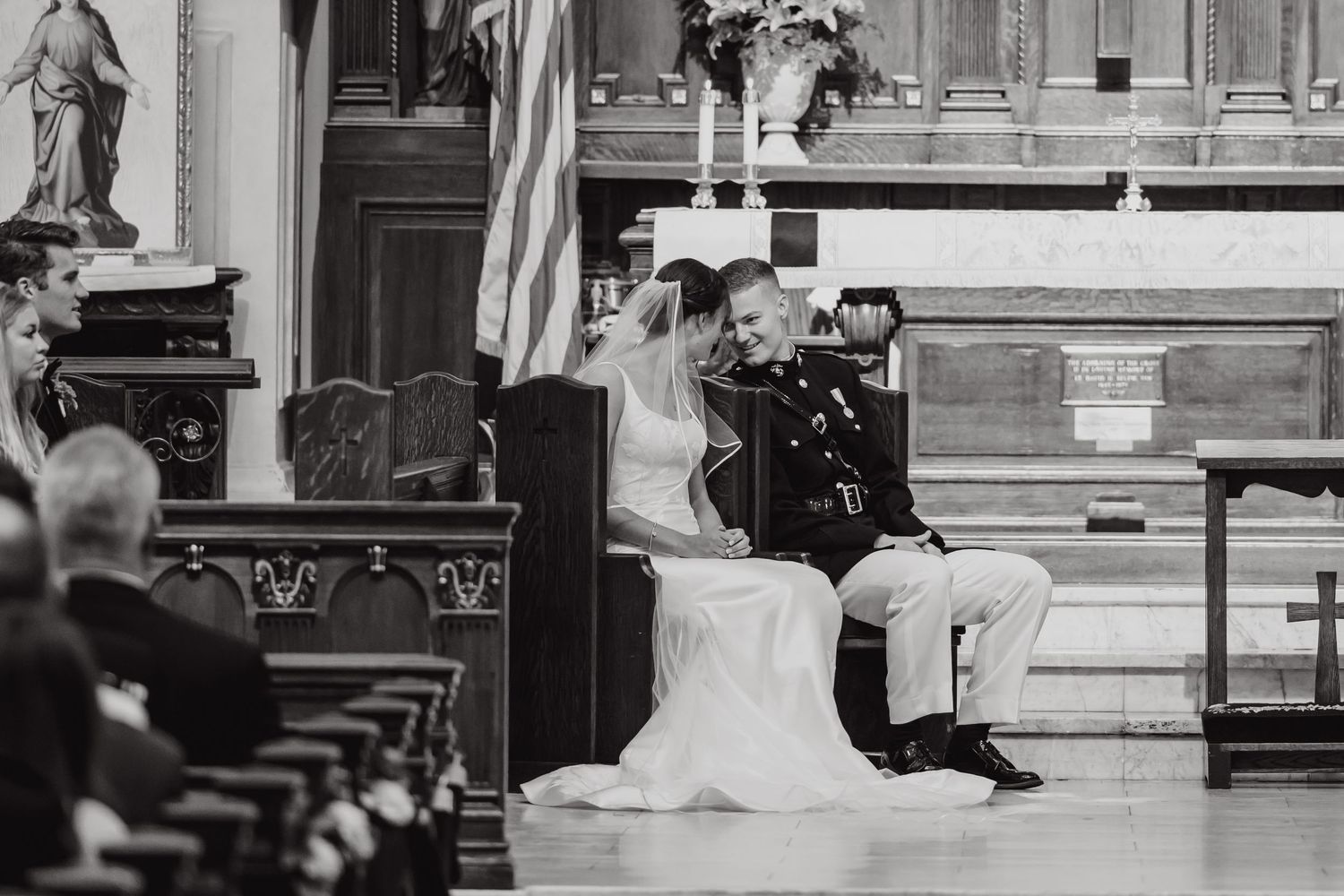 Black and white photos capturing wedding ceremony moments in a traditional church setting.