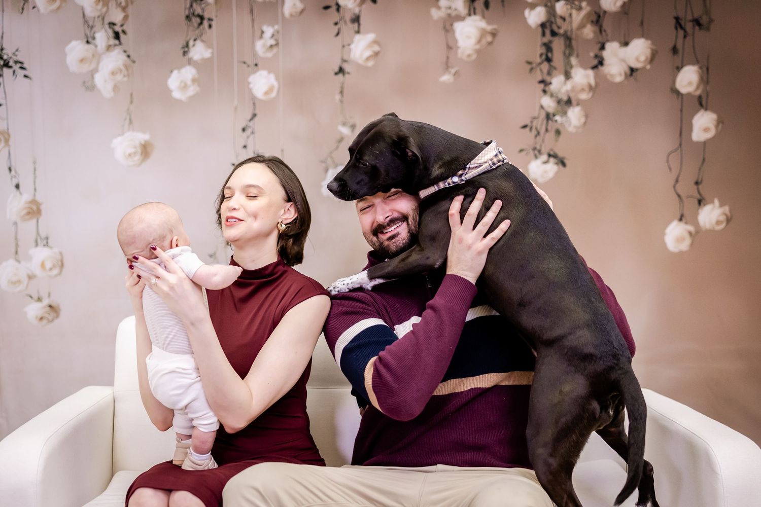 A sequence of photos showing a person playing and interacting with a black dog while paper flowers hang from above.