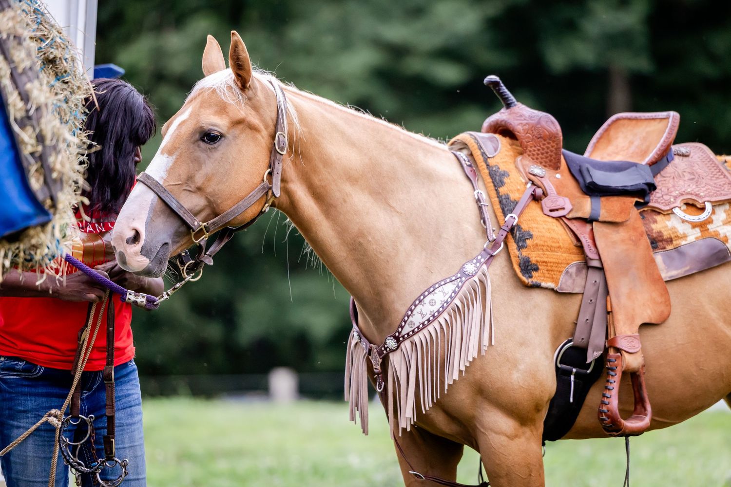 Close-up details of western riding equipment including saddles and tack on horses in an arena.