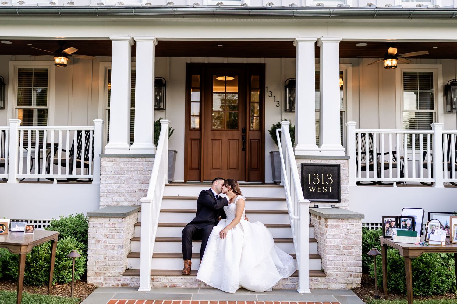 A series of romantic wedding photos captured on a charming white porch of a historic mansion.
