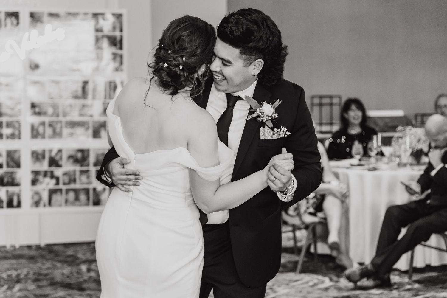 A black and white photo collage shows couples dancing at a wedding reception.