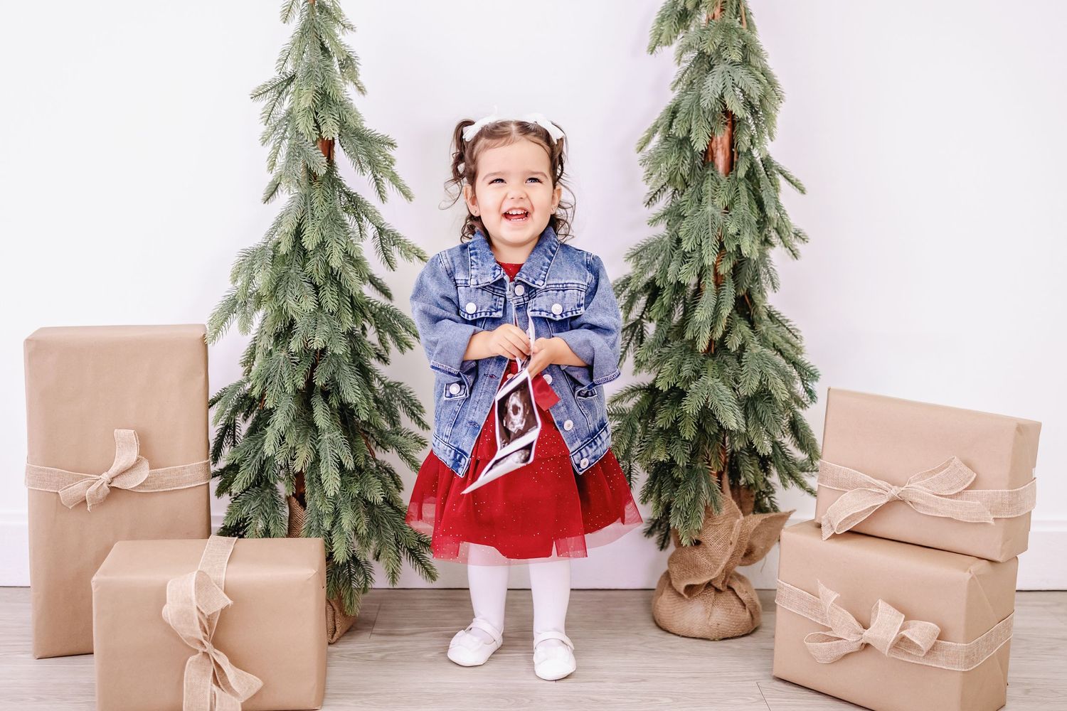 Holiday photo setup with wrapped presents and decorative pine trees on white background.
