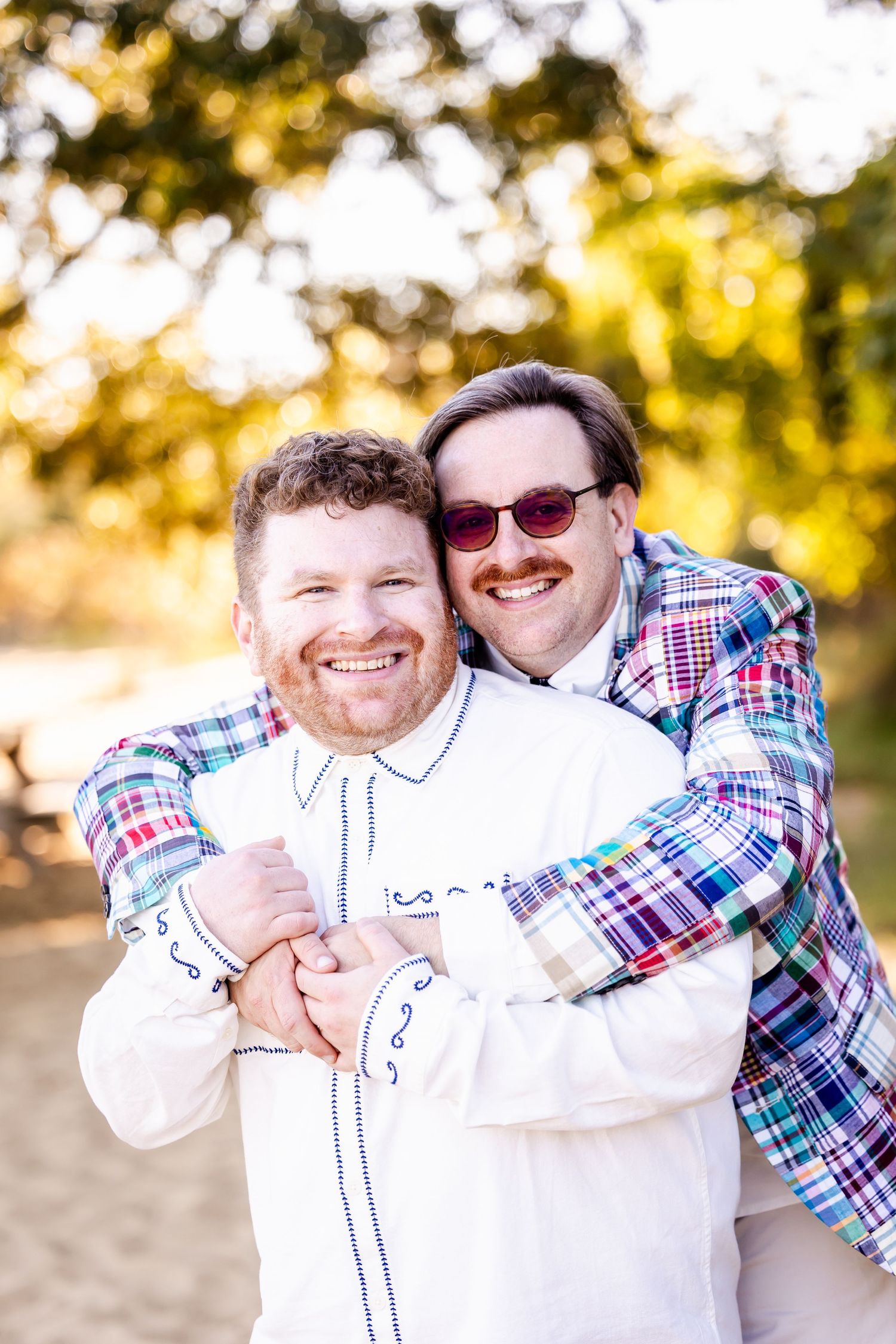 Three sequential photos showing playful interaction between two people in plaid and white shirts outdoors on a sunny day.