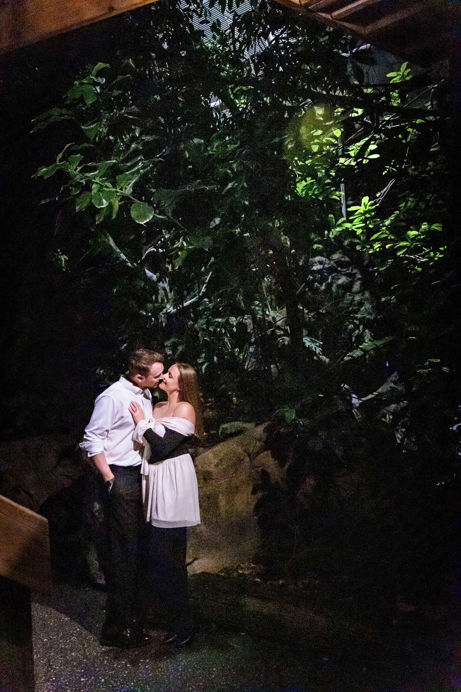 A couple shares a tender moment in a lush garden setting at night with atmospheric lighting.