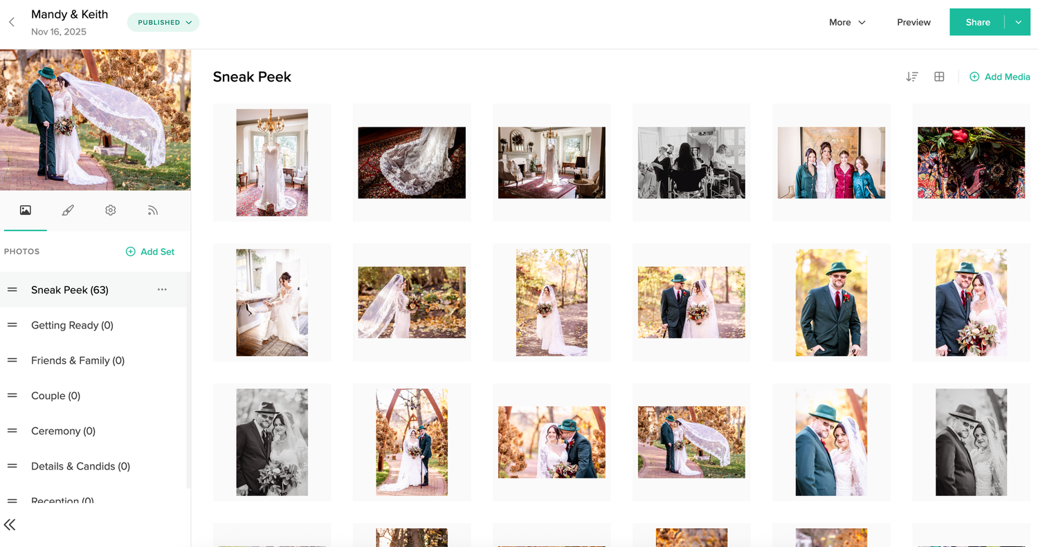 Online wedding photo gallery interface showing grid layout of wedding photographs.
