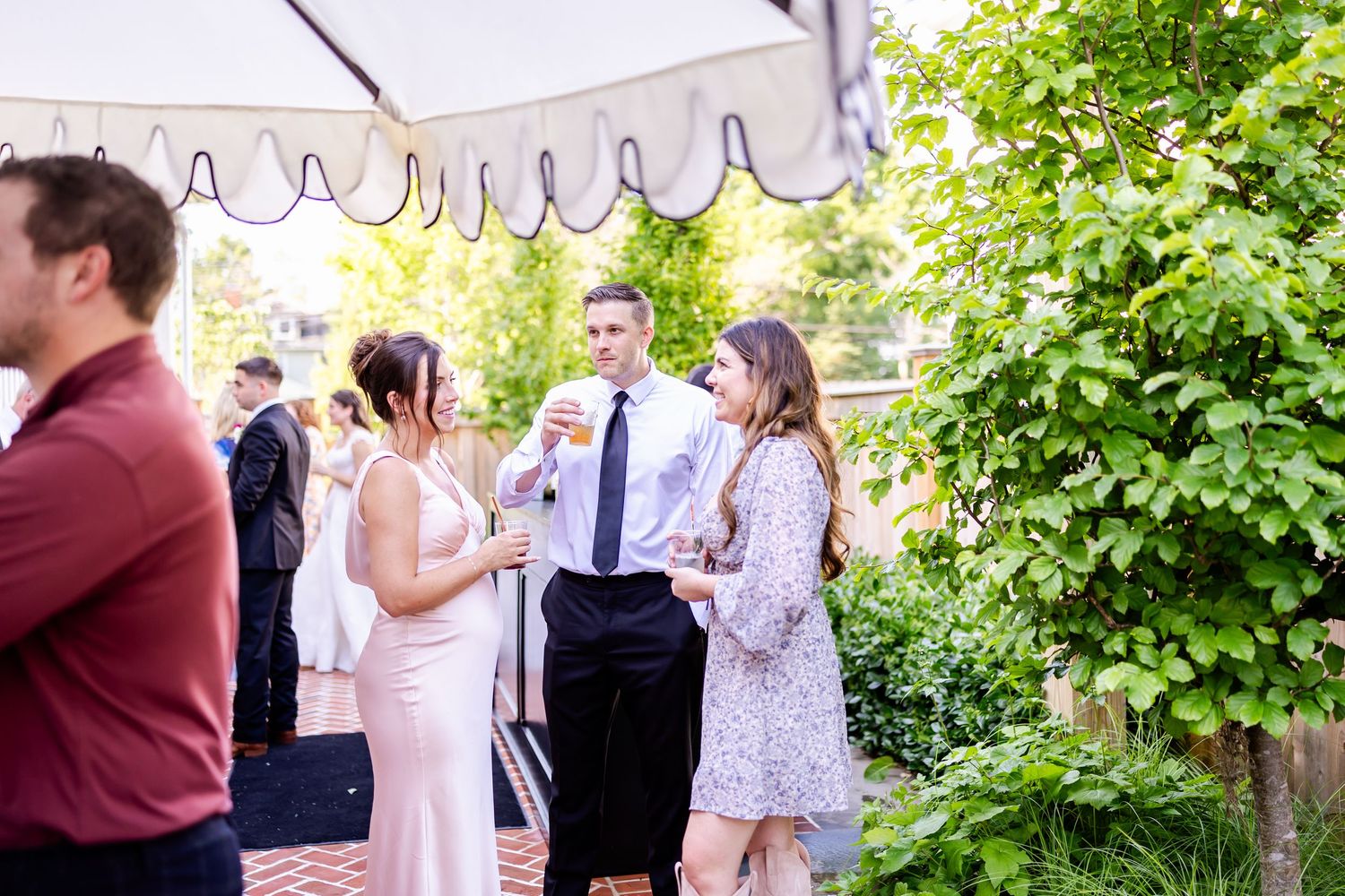 Outdoor wedding reception with guests mingling under green foliage and natural lighting.