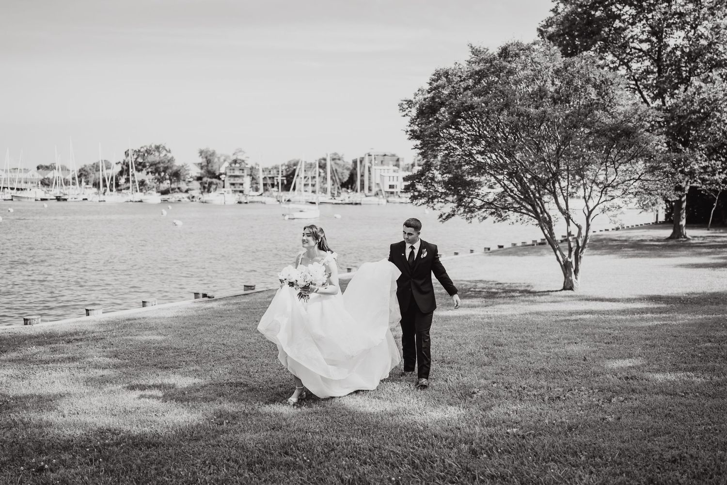 A romantic beach wedding photo sequence shows the couple walking and dancing together by the ocean shore.