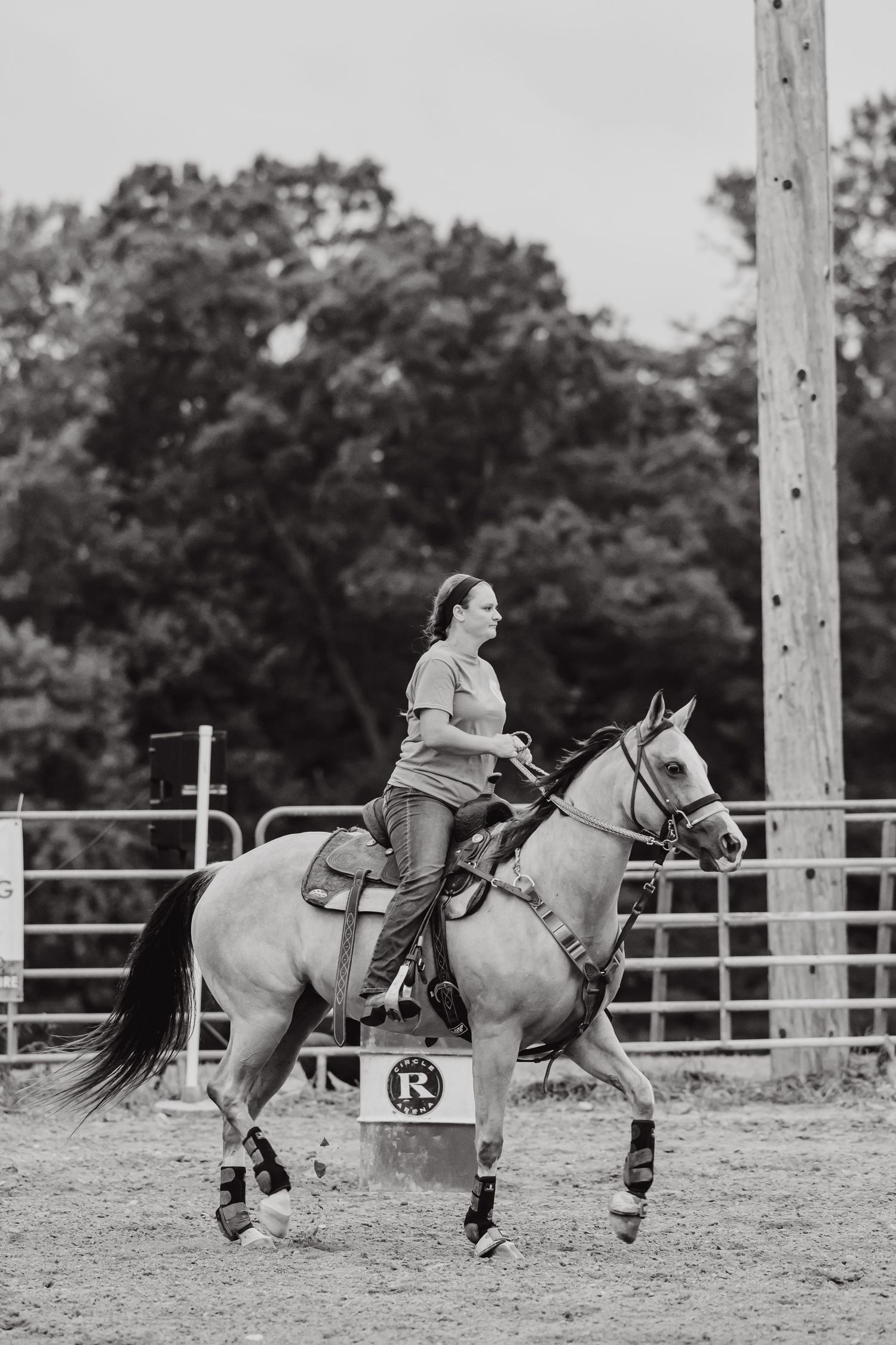 Black and white sequence shows a rider falling off a horse in a fenced arena.