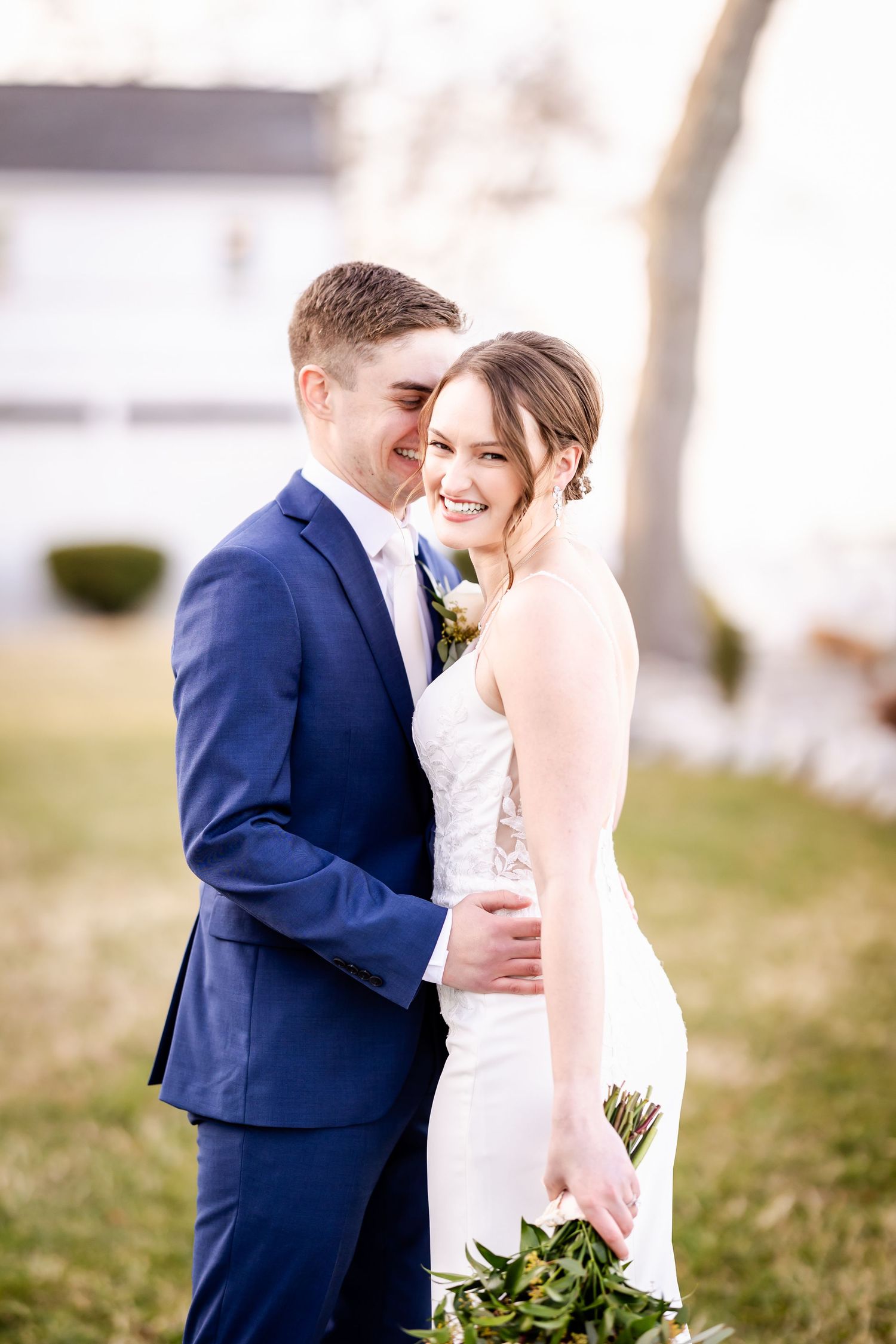 Candid shots of newlyweds laughing together during their outdoor photo session.