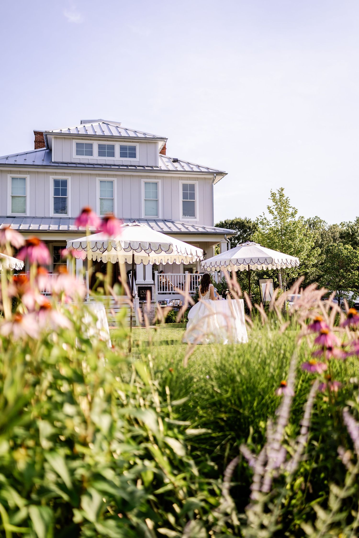 White house with flowering garden seen through blooming pink flowers on a sunny summer day.