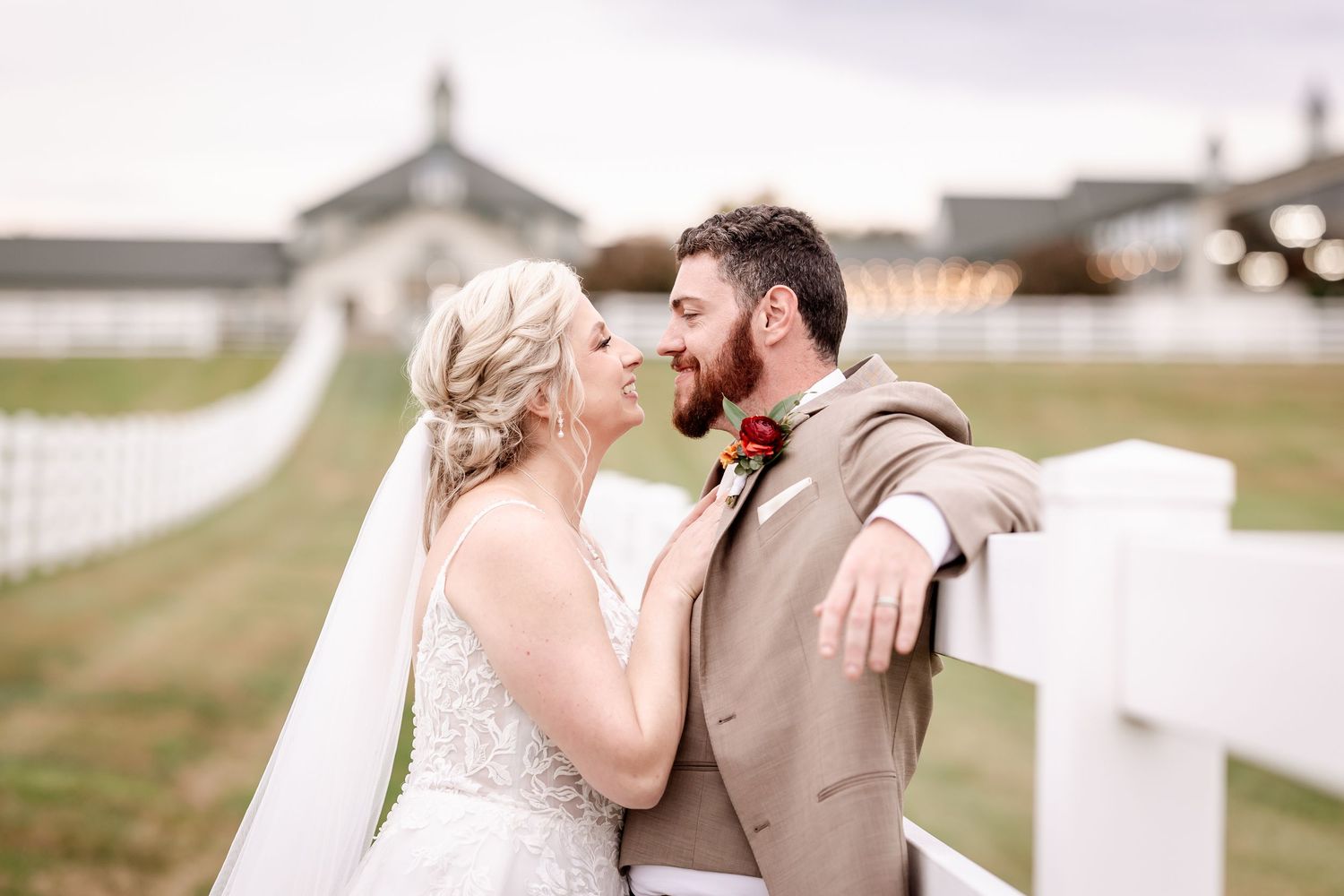 A romantic wedding photo collage showing tender moments between a couple in an outdoor setting.