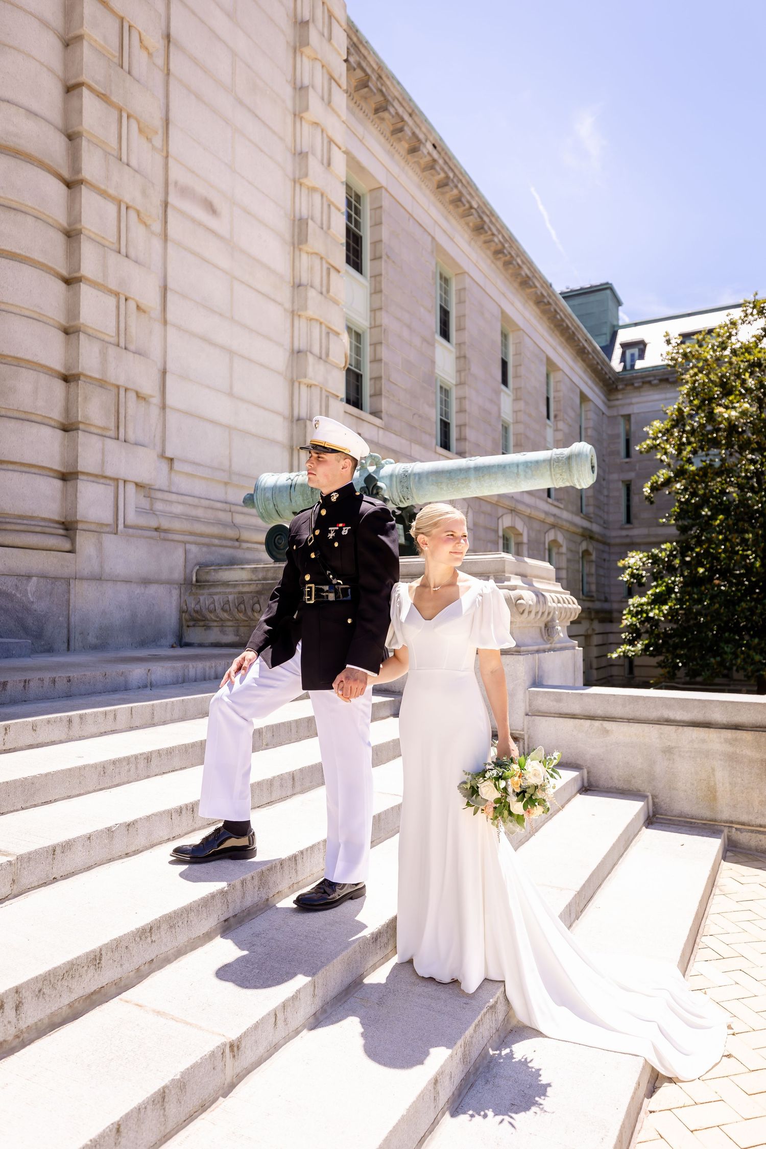 A sequence of photos showing a person in white attire posing gracefully on marble steps in front of a stone building.