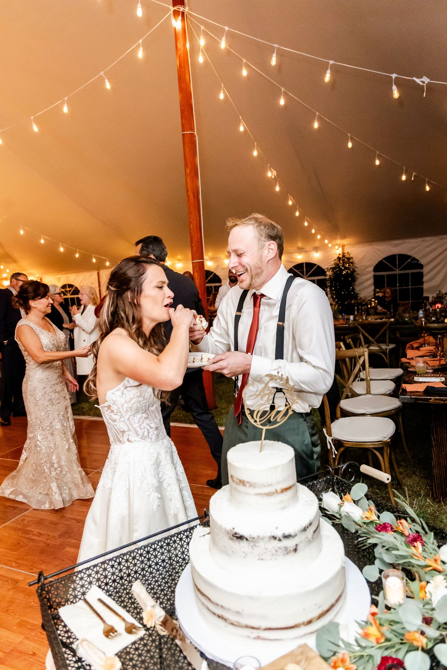 Wedding cake cutting sequence showing couple sharing bites of cake at reception.