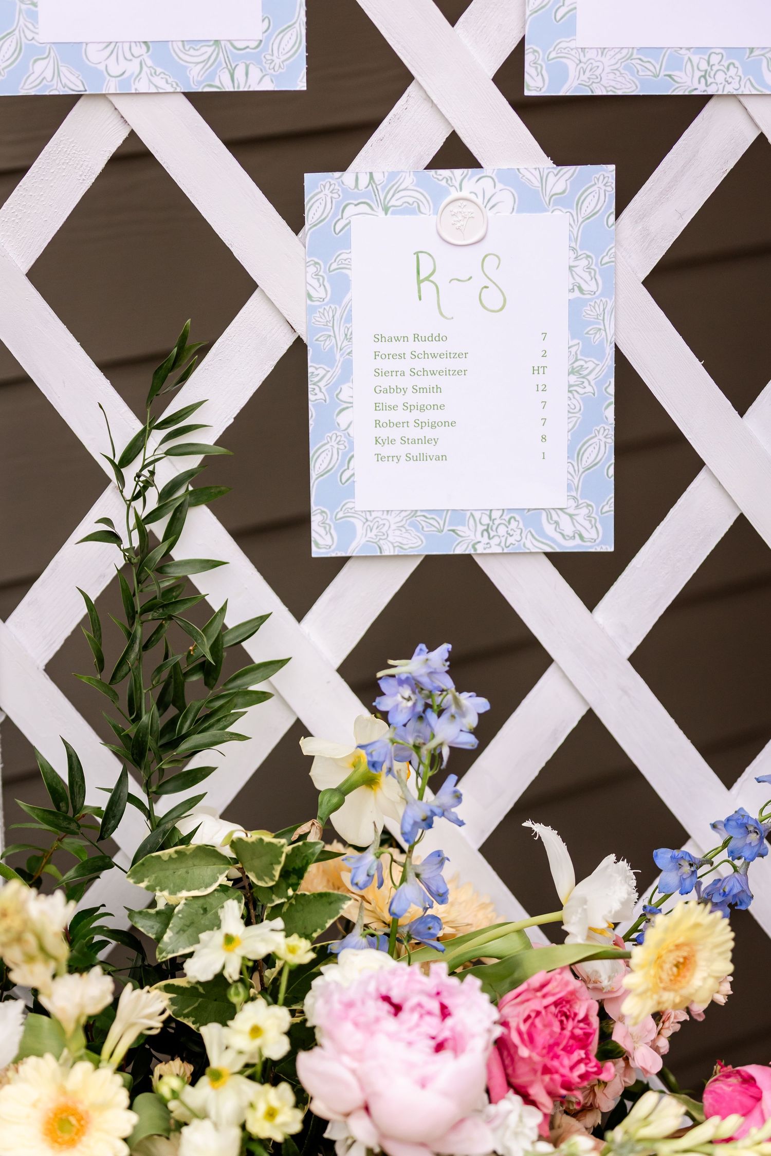 Wedding menu display with blue floral border on white lattice backdrop with fresh flower arrangements.