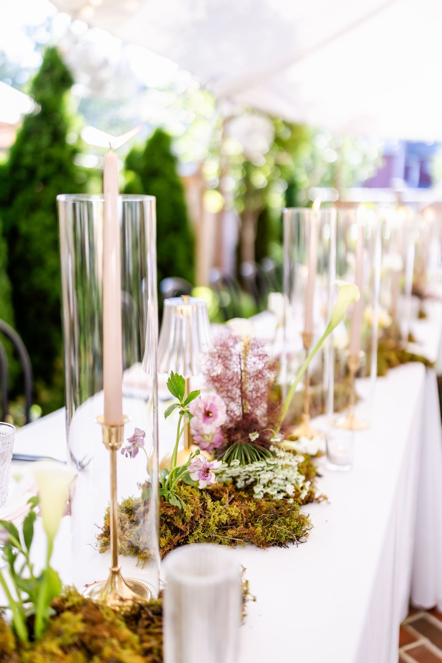 Elegant table decor with glass cylinders, moss, and pink flowers creating a garden-inspired centerpiece.