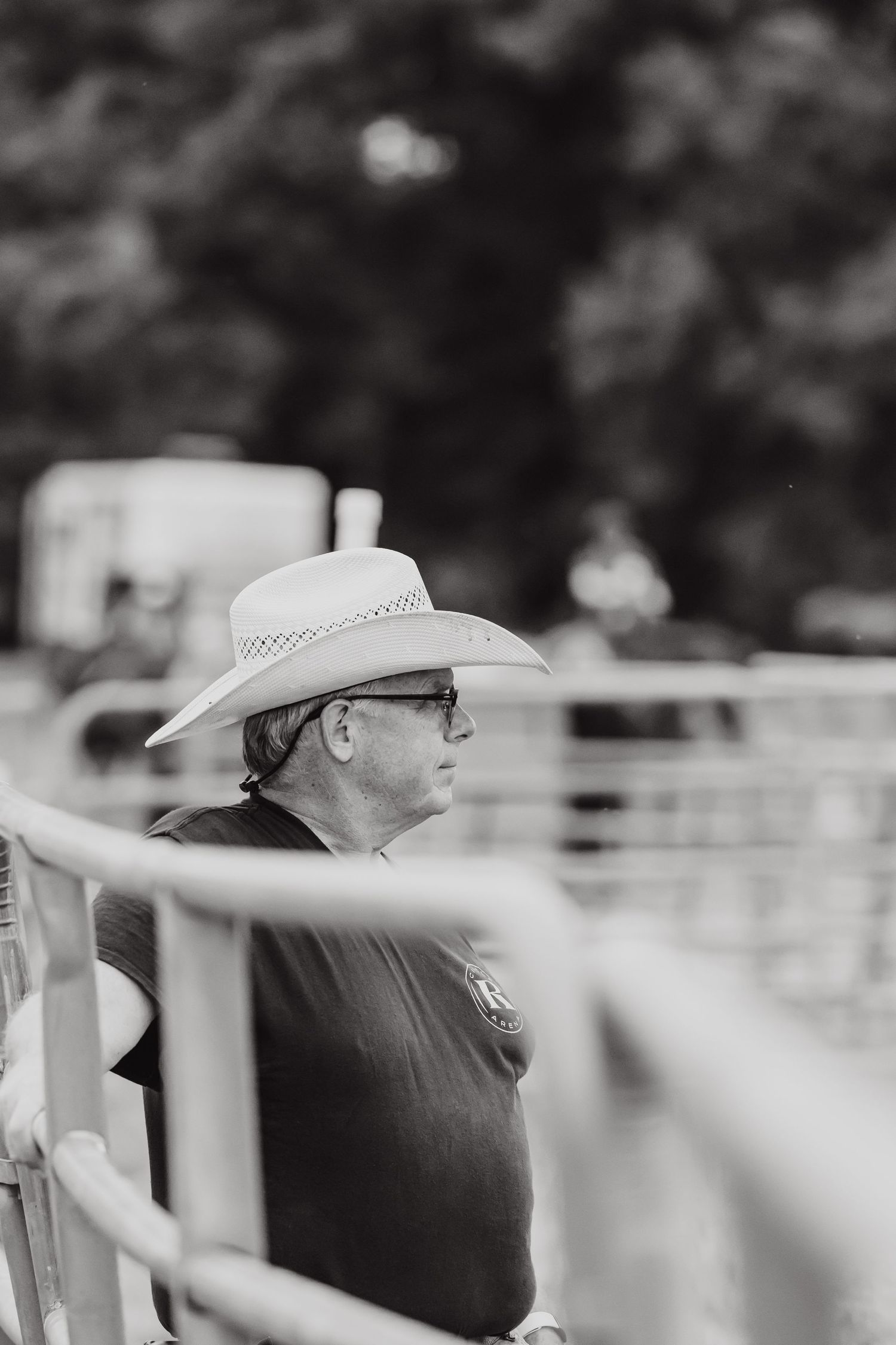 Person in cowboy hat watches from behind metal fence rail.