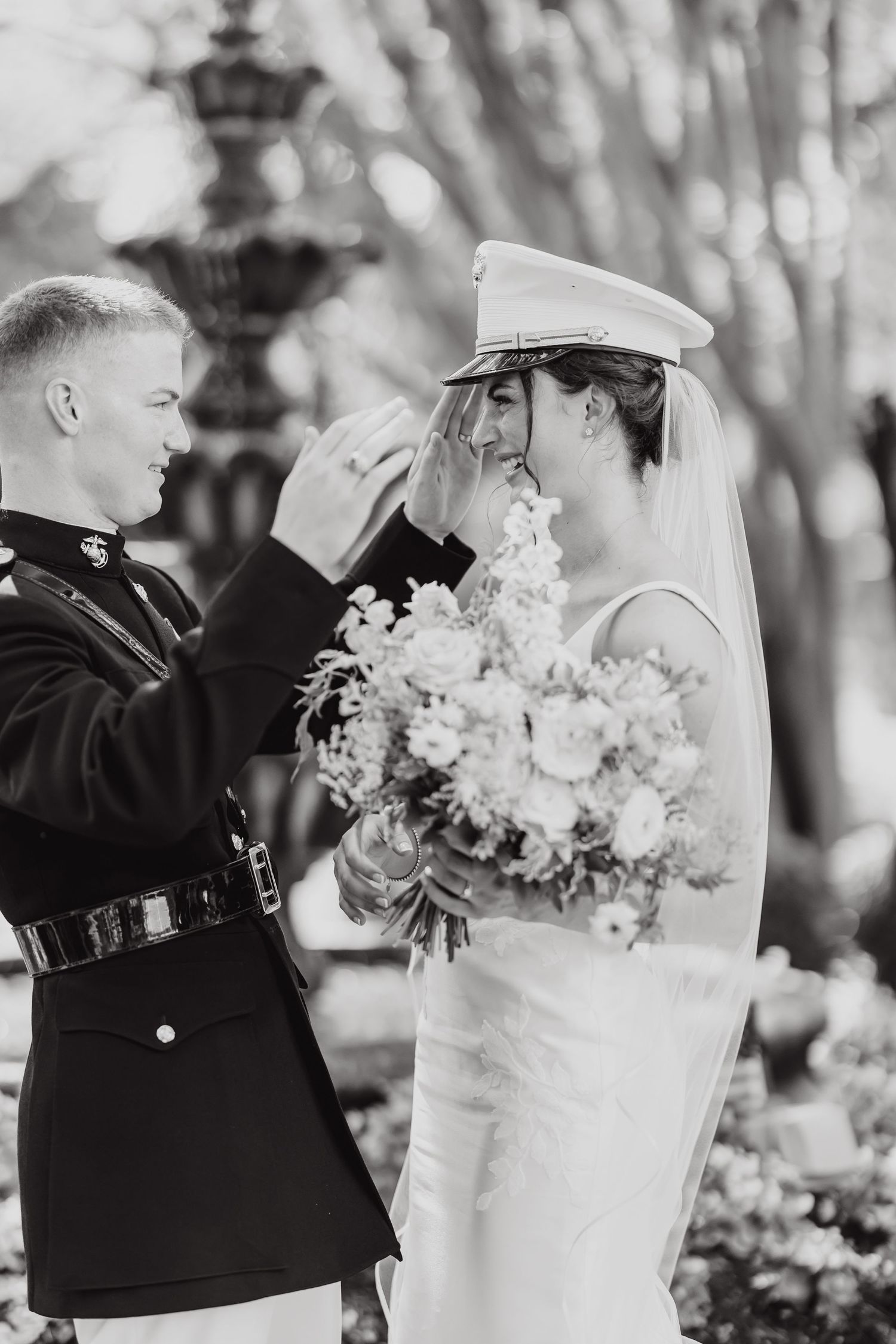 A black and white photo series showing a wedding bouquet being held in various poses outdoors.