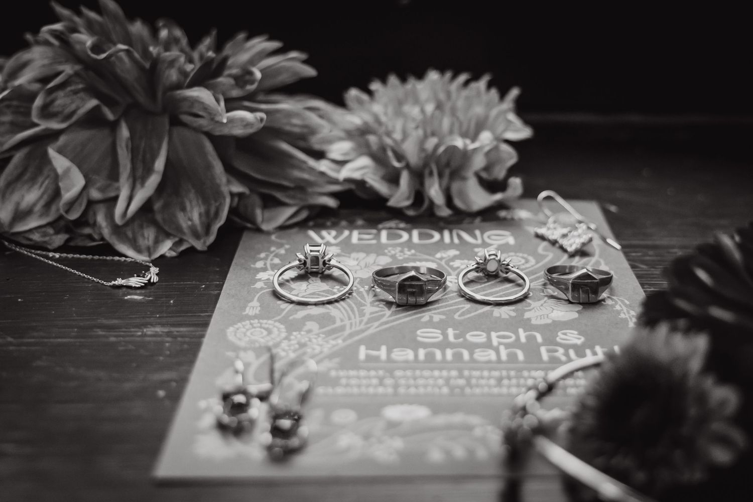 Wedding rings and jewelry arranged on invitation with floral decor in black and white.