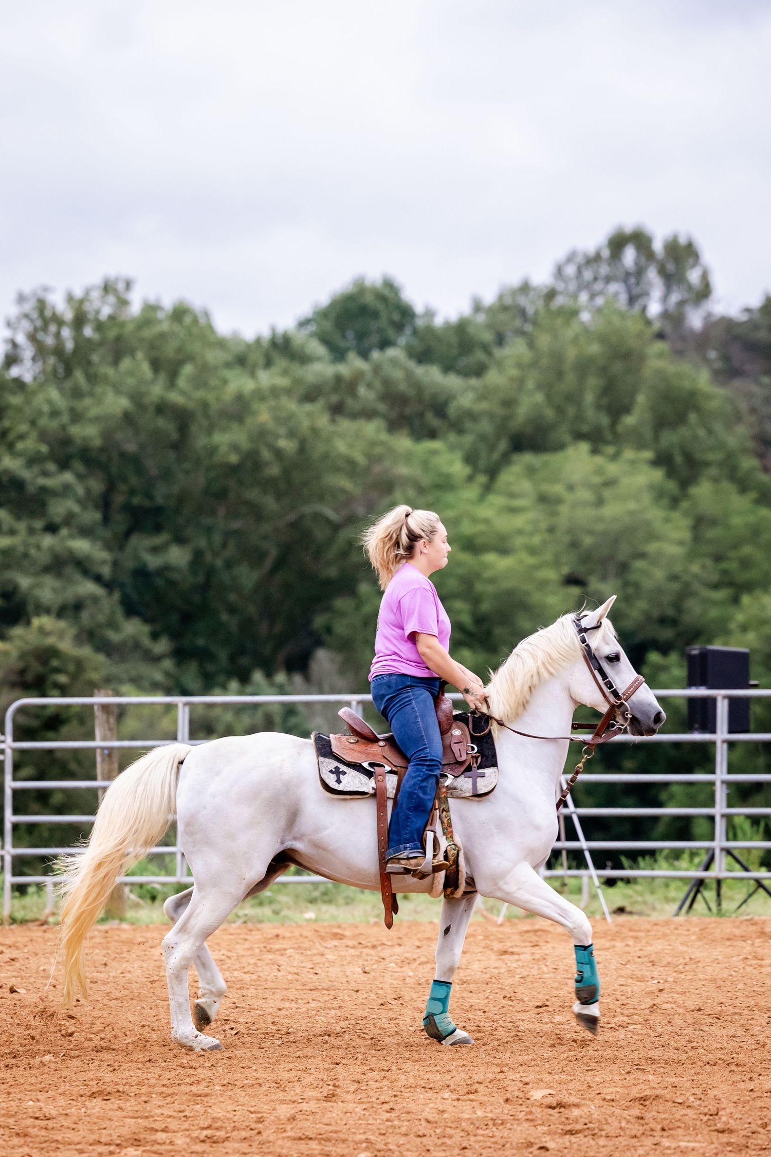 Rider in a pink shirt rides a white horse with blue leg wraps in a sandy arena.