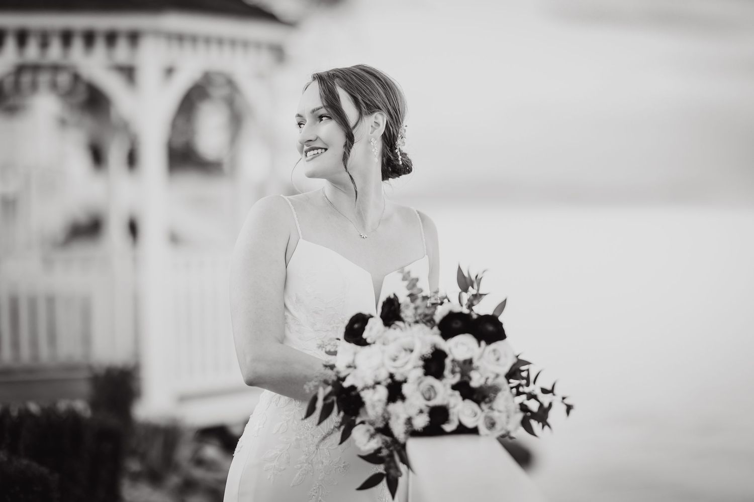 A collection of black and white wedding photos showing brides holding bouquets and celebrating their special day.