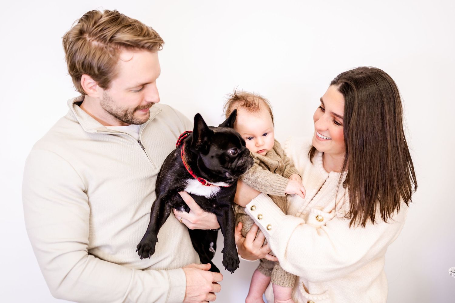 A family wearing white poses together with their black French Bulldog pet for a studio portrait.