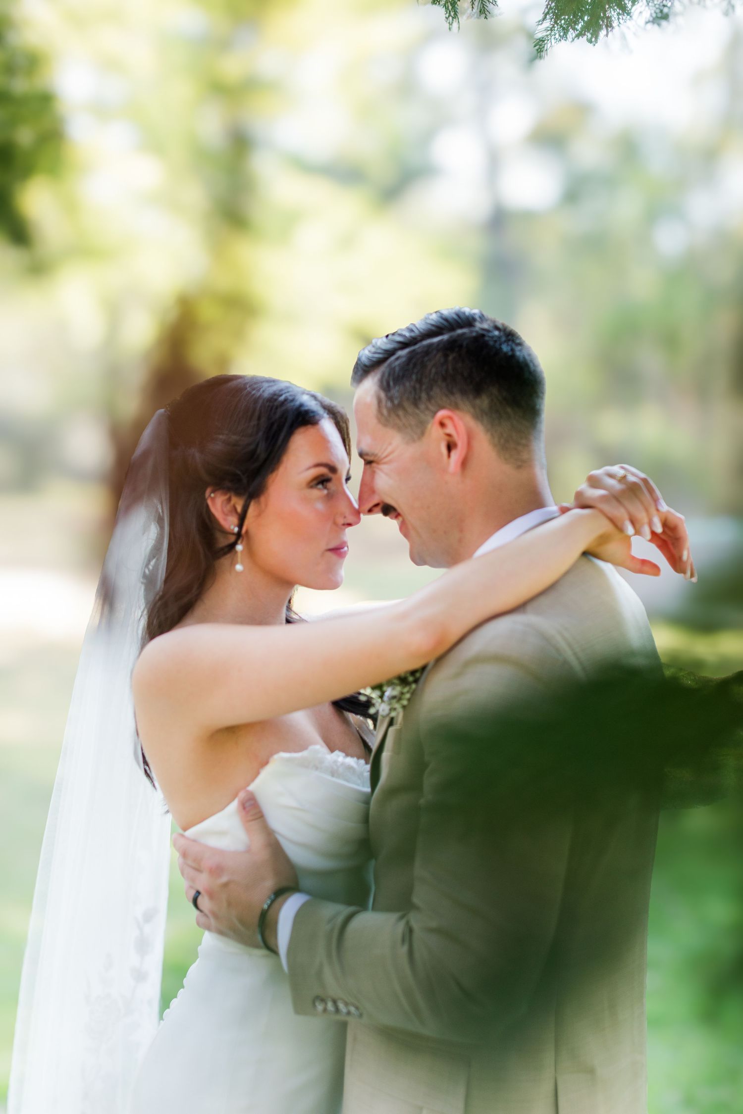 Romantic wedding photography sequence showing tender moments between newlyweds in a sunlit outdoor setting.