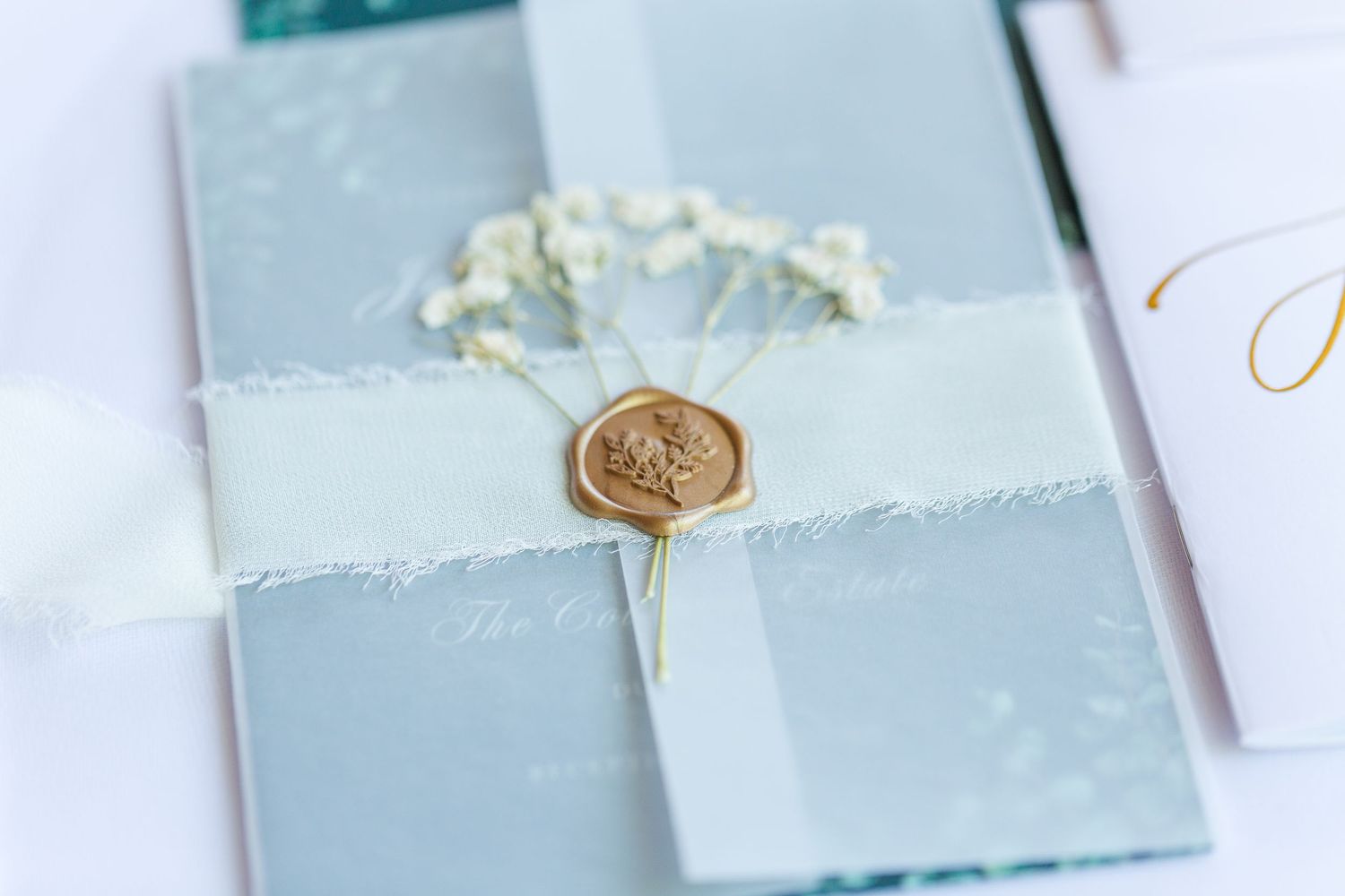 Soft blue envelopes with gold wax seals arranged in a neat row on a white surface.