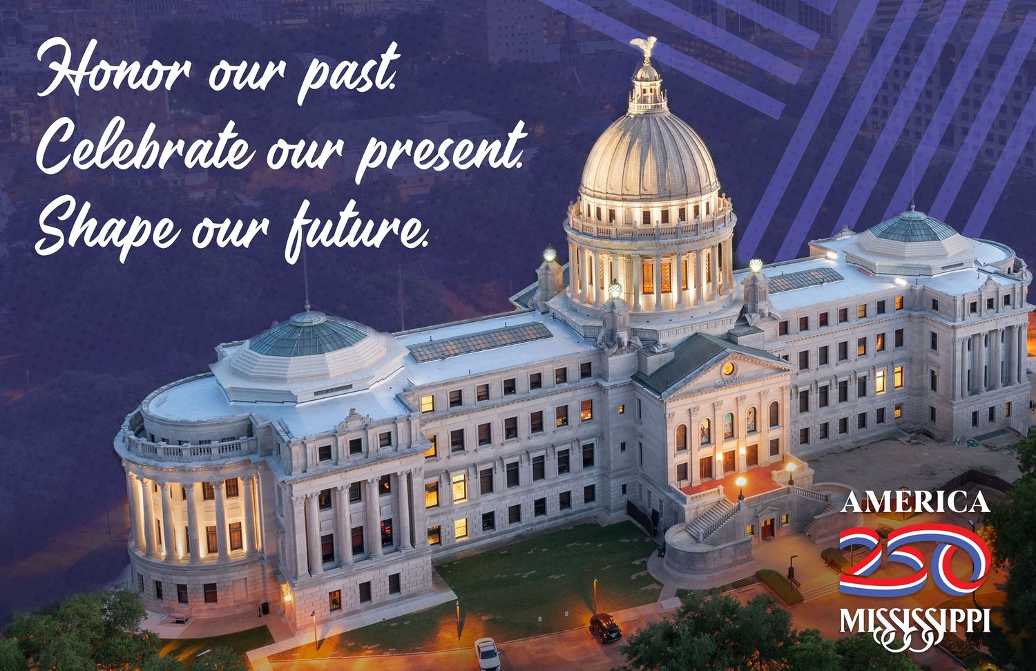 America250 Mississippi digital ad featuring illuminated state capitol building at night.